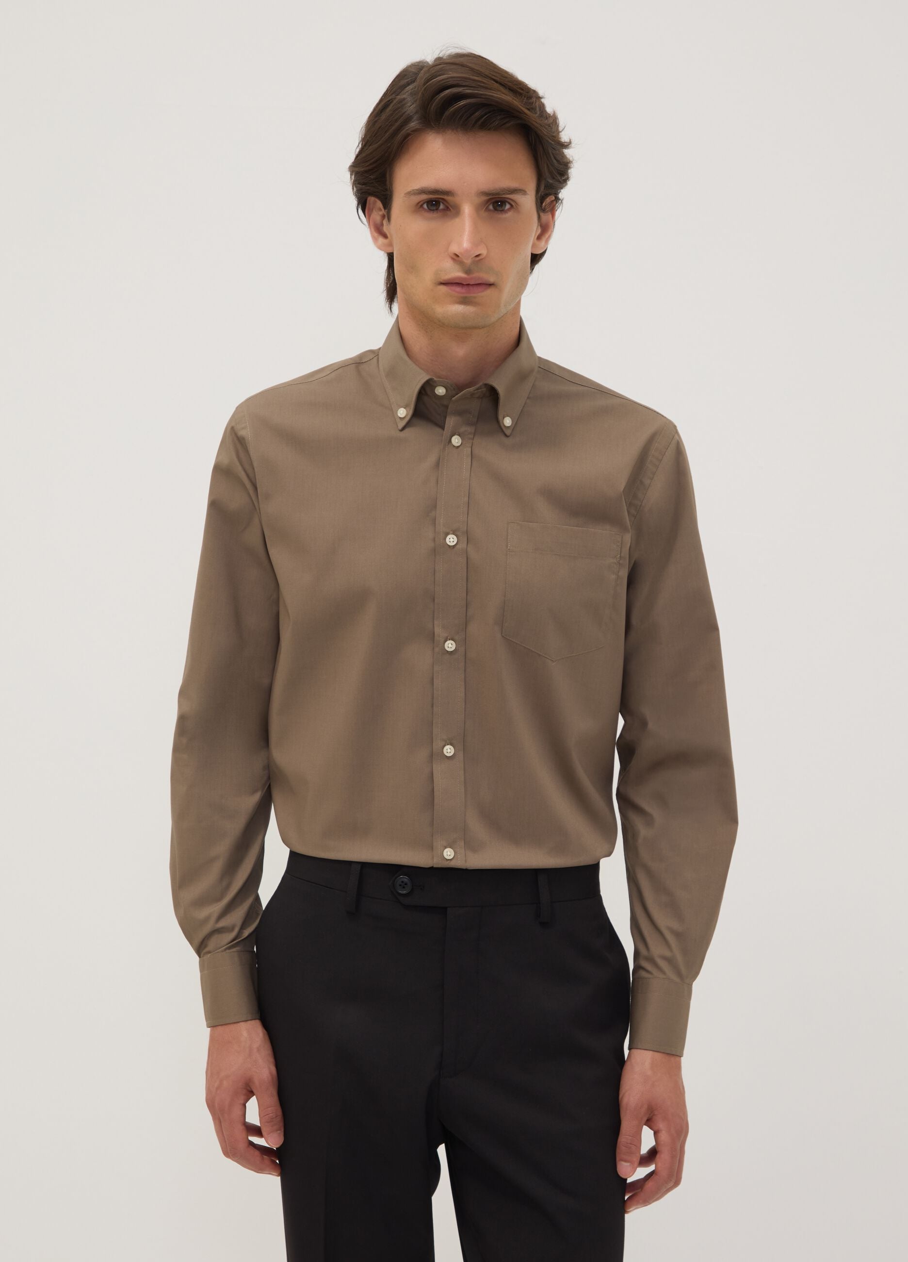Brown regular-fit easy-iron button-down collar shirt