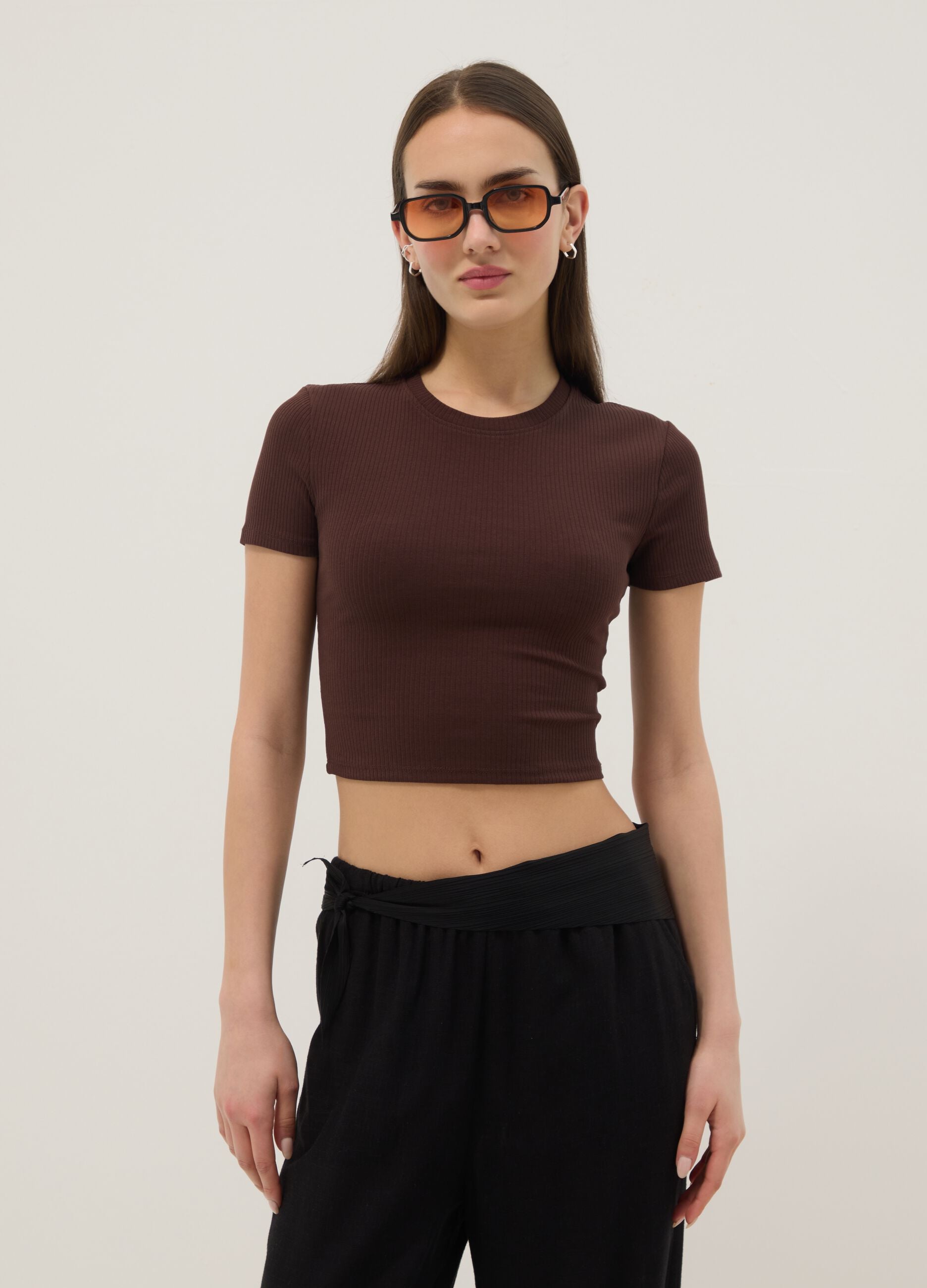 Brown ribbed fitted stretch-cotton T-shirt