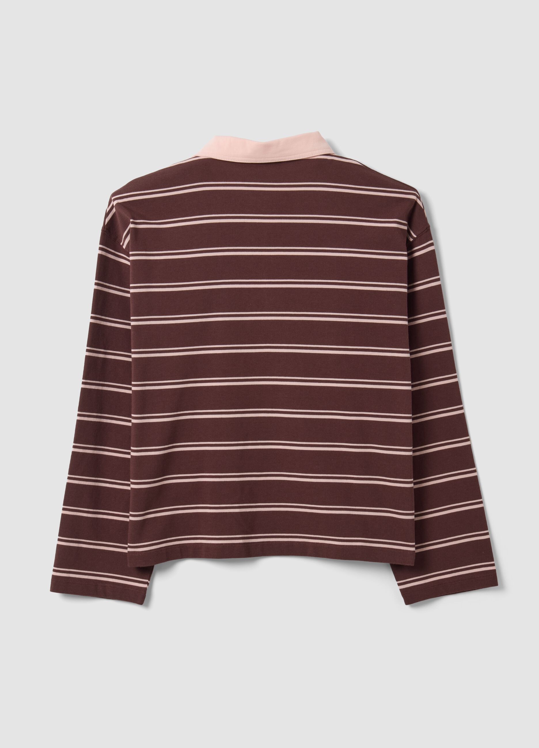 Brown striped long-sleeve pure cotton polo shirt, regular fit