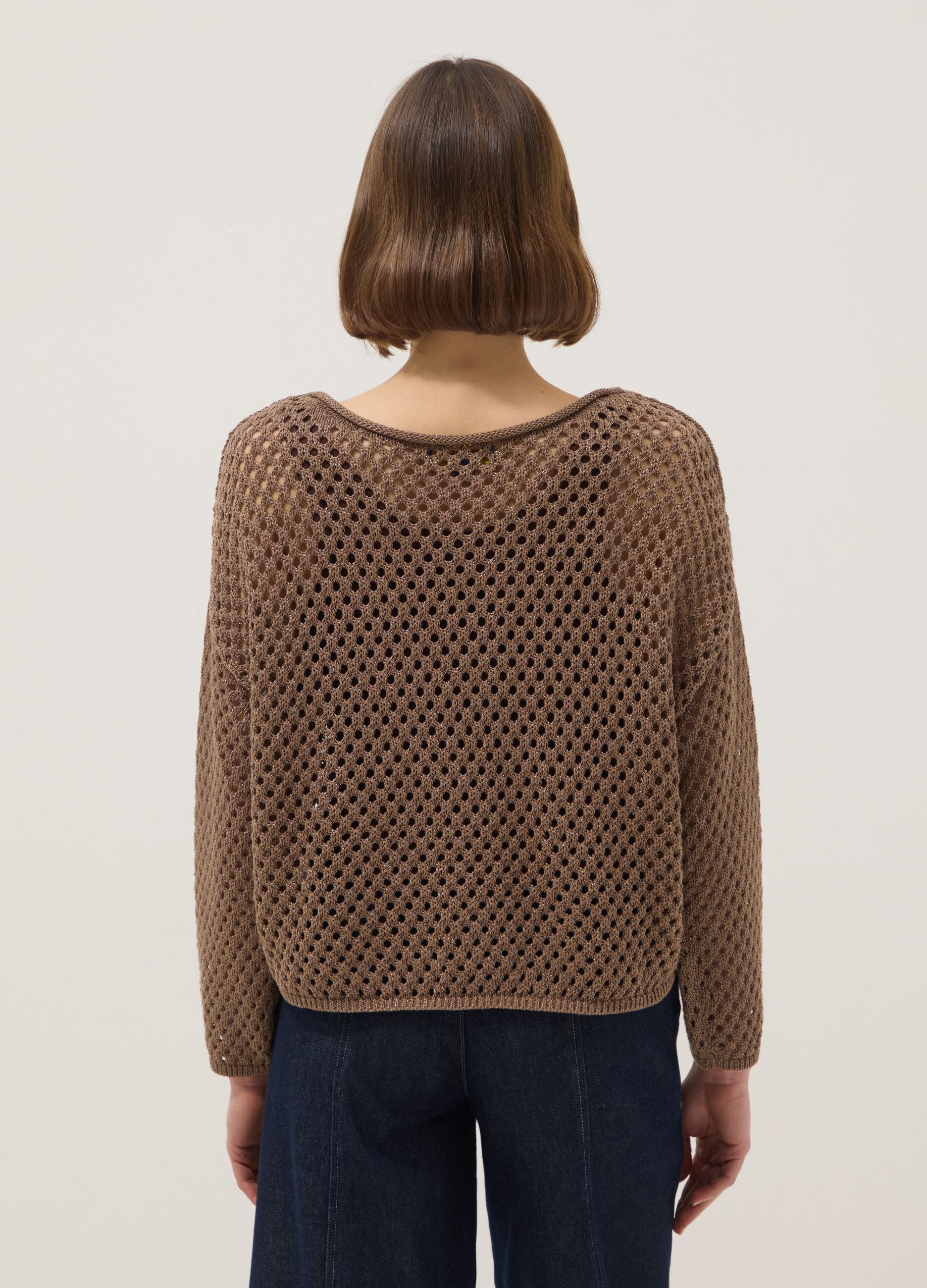 Brown cotton-blend oversized fit net texture jumper