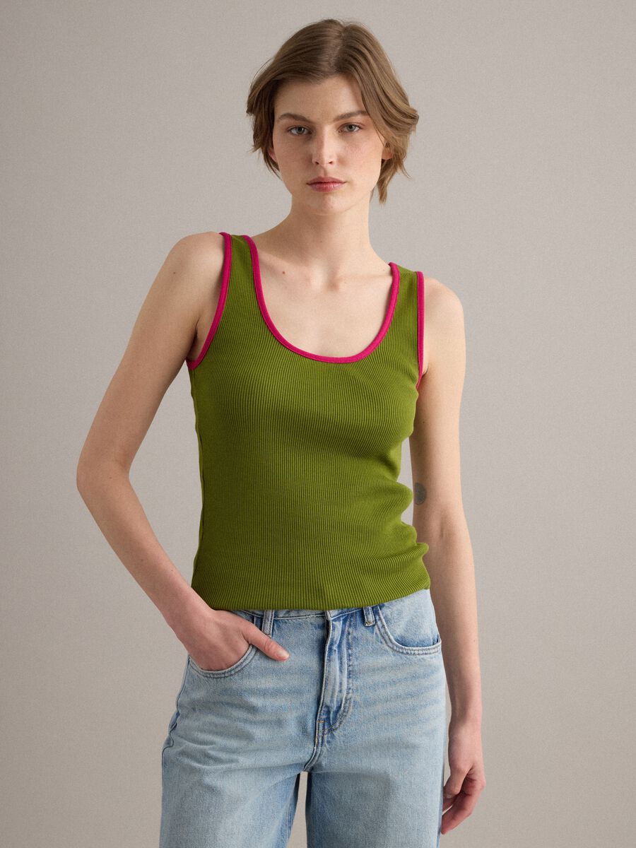 Tank top verde in puro cotone a costine_1