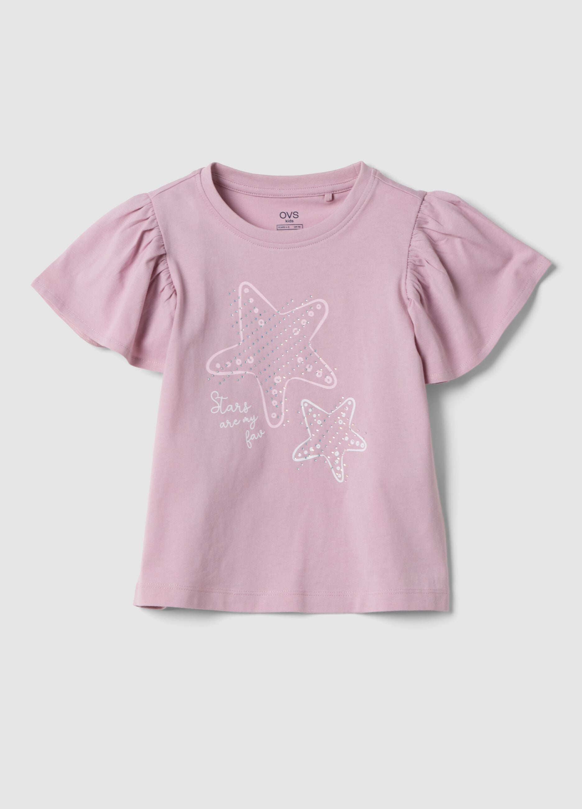 Girls&rsquo; pink pure cotton T-shirt with frill sleeves and rhinestones
