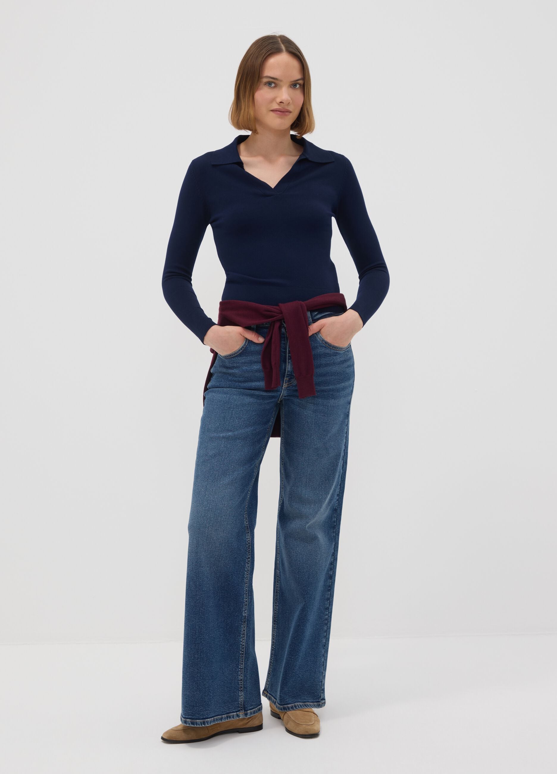 Blue viscose-blend polo-collar jumper, regular fit