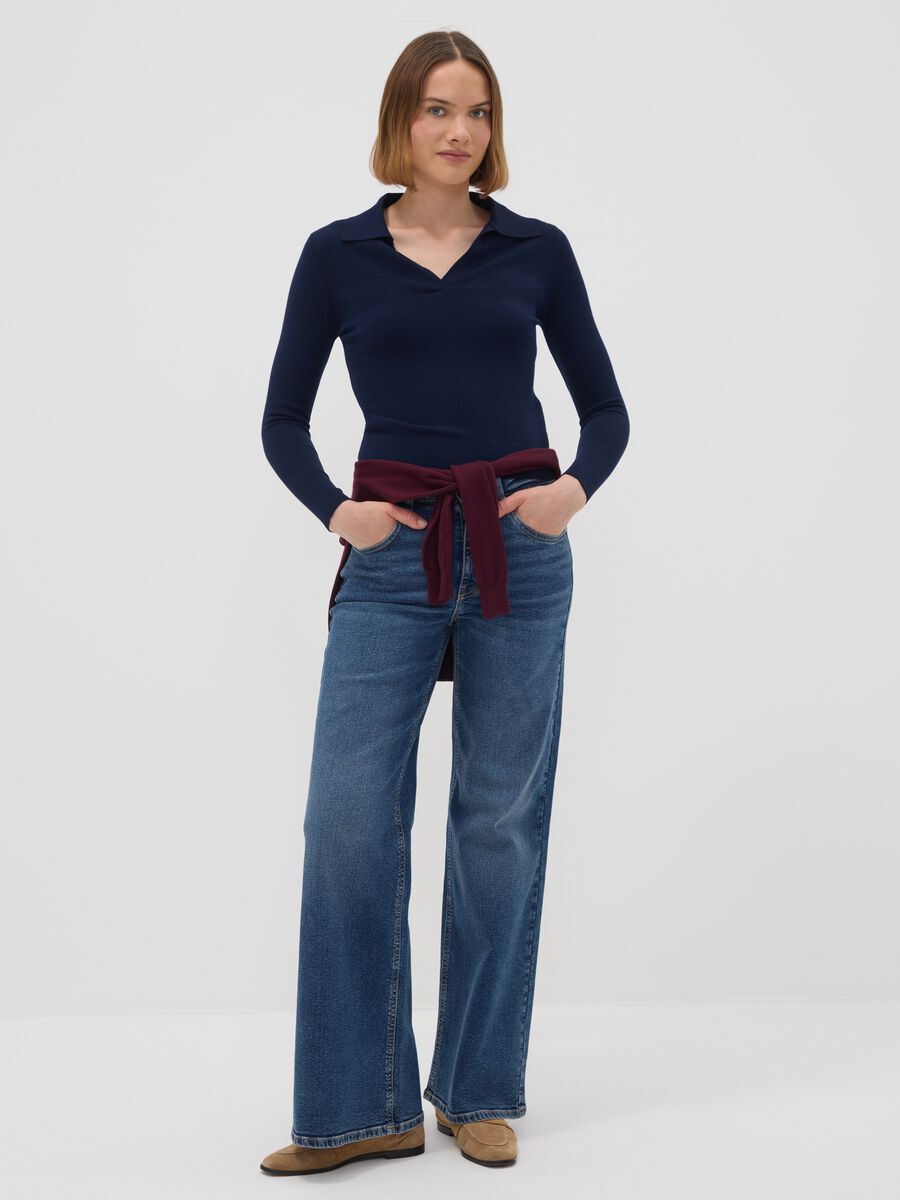 Blue viscose-blend polo-collar jumper, regular fit_2