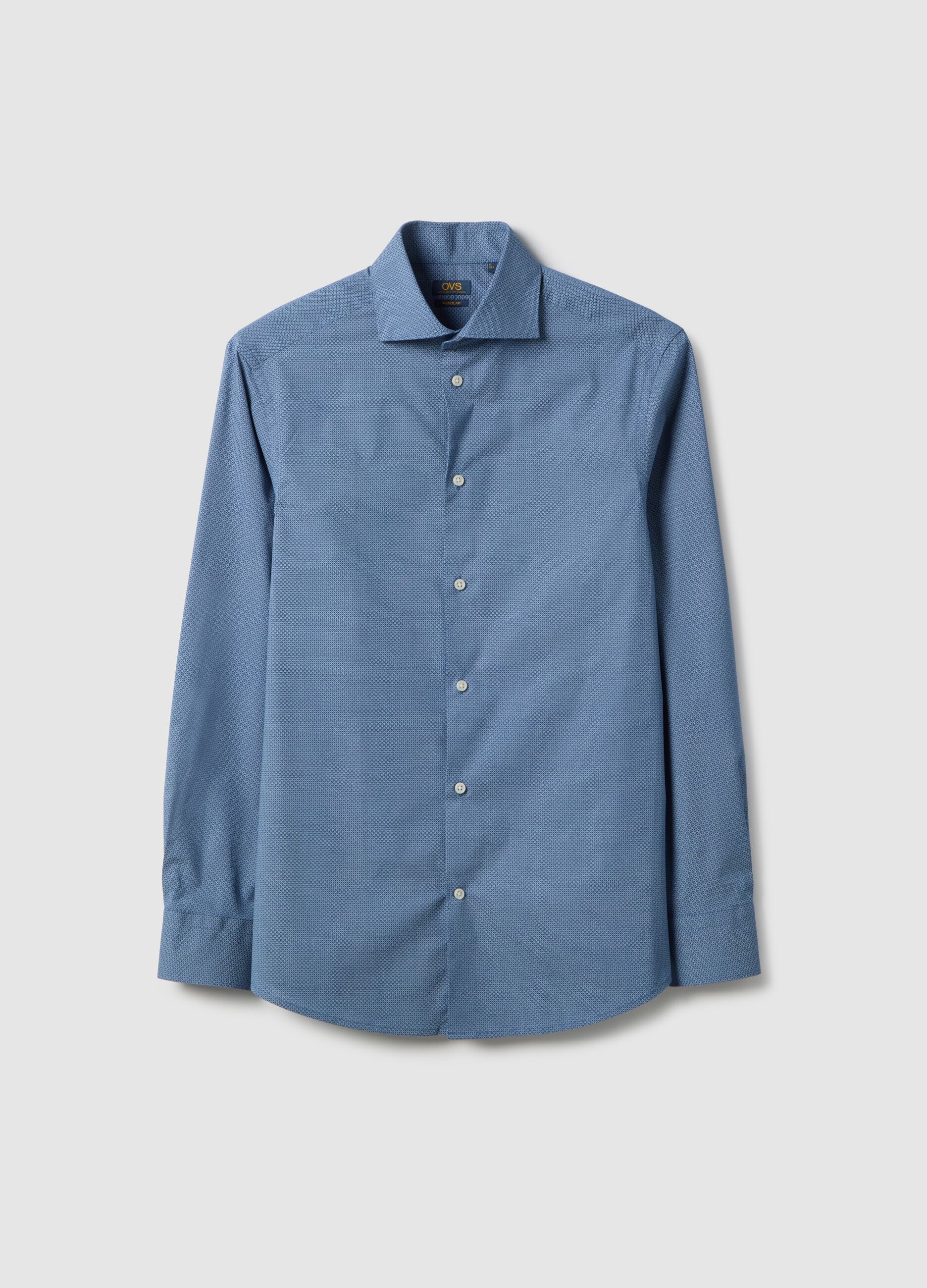 Blue shirt with micro-checks in stretch cotton regular fit