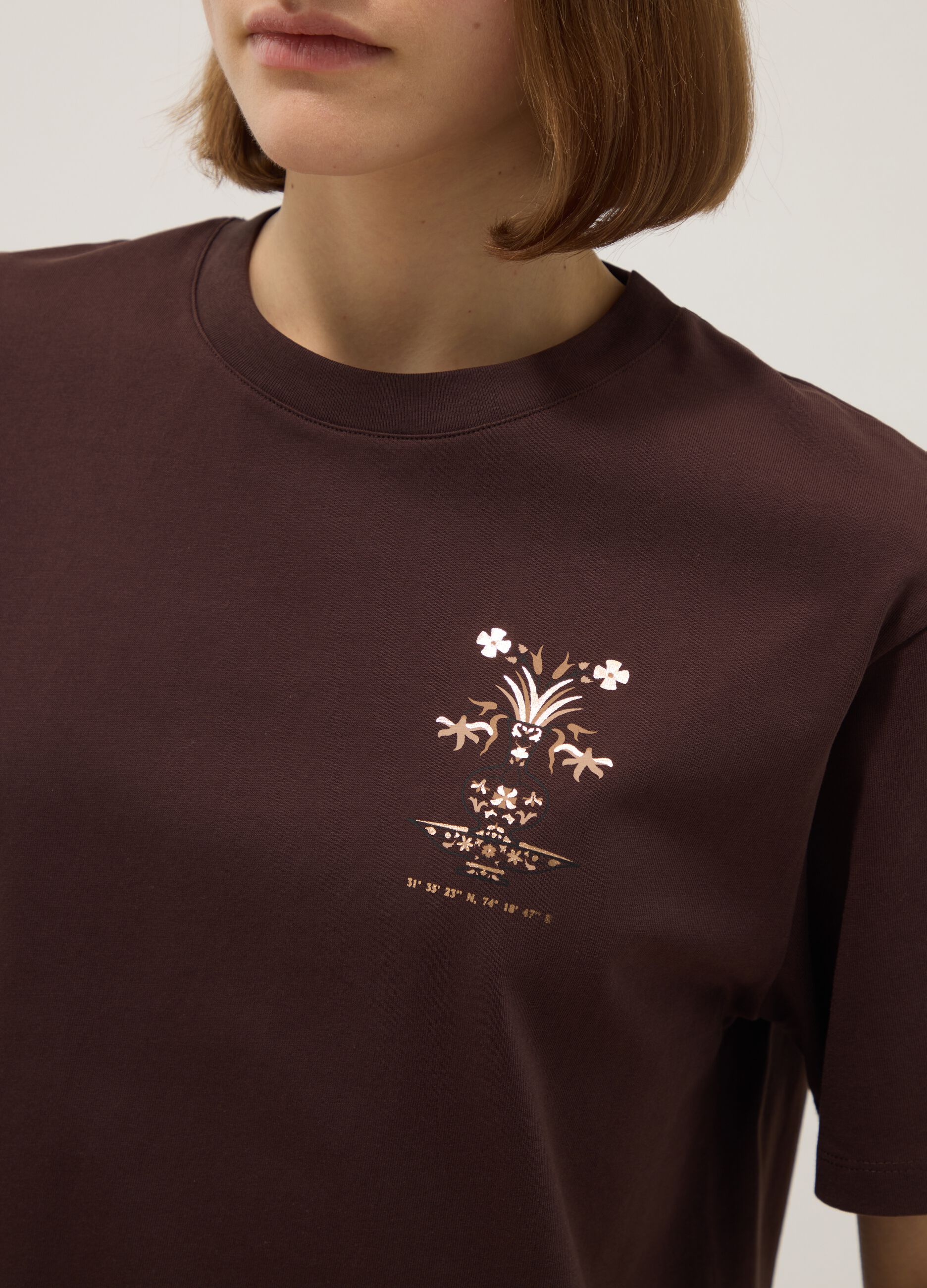 Brown pure cotton short-sleeve regular-fit T-shirt with print