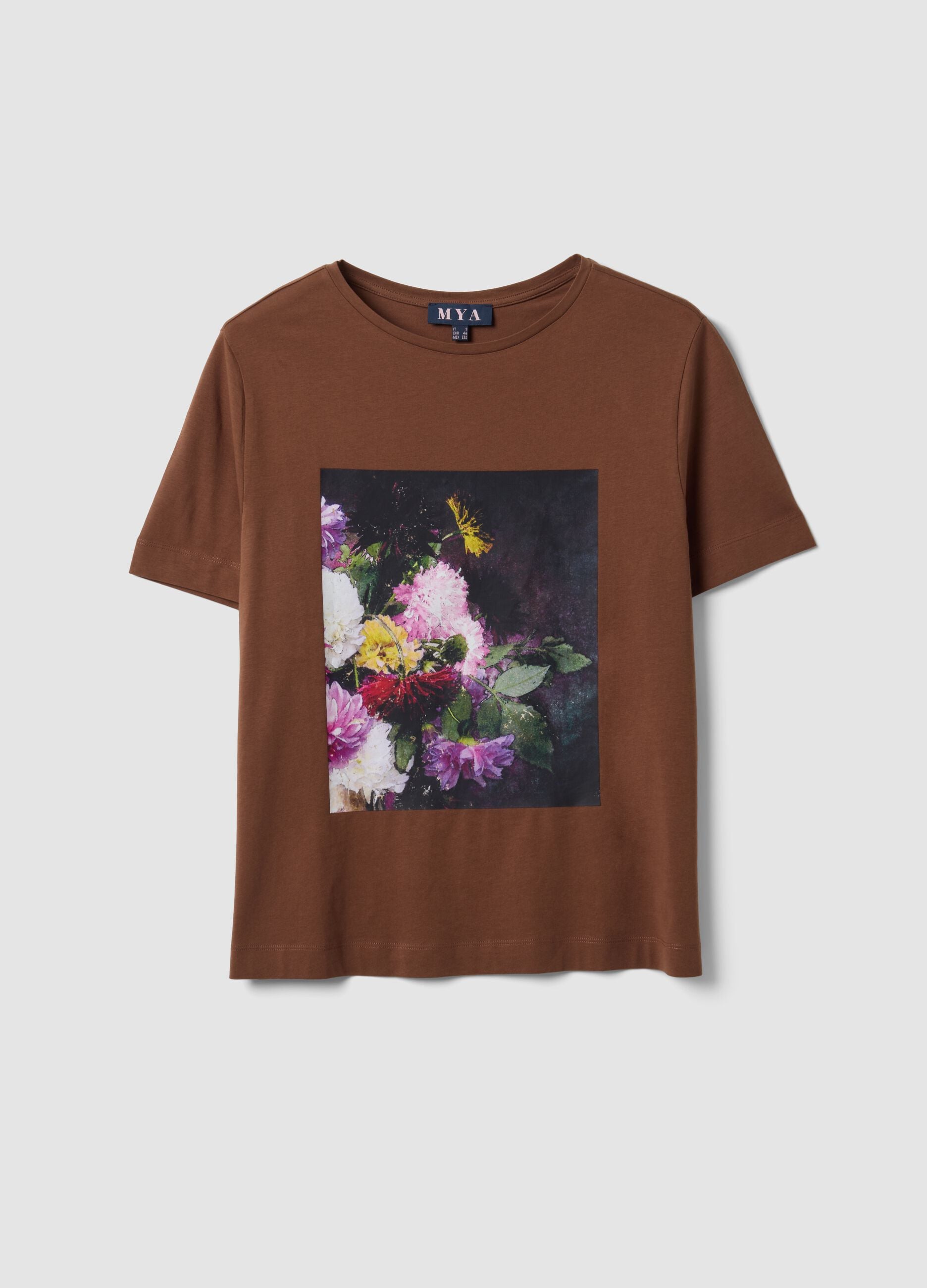 Brown pure cotton T-shirt with floral print, regular fit