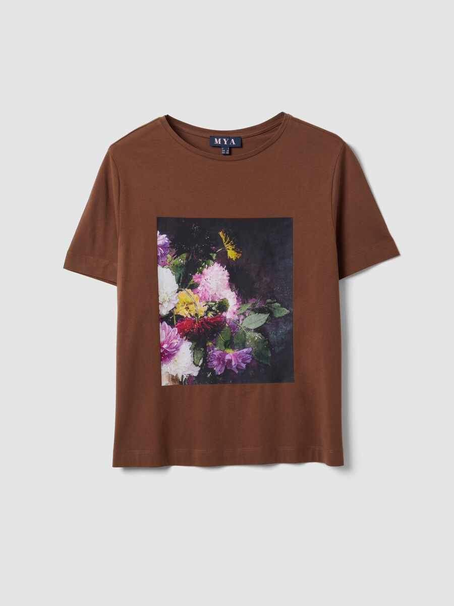 Brown pure cotton T-shirt with floral print, regular fit_0