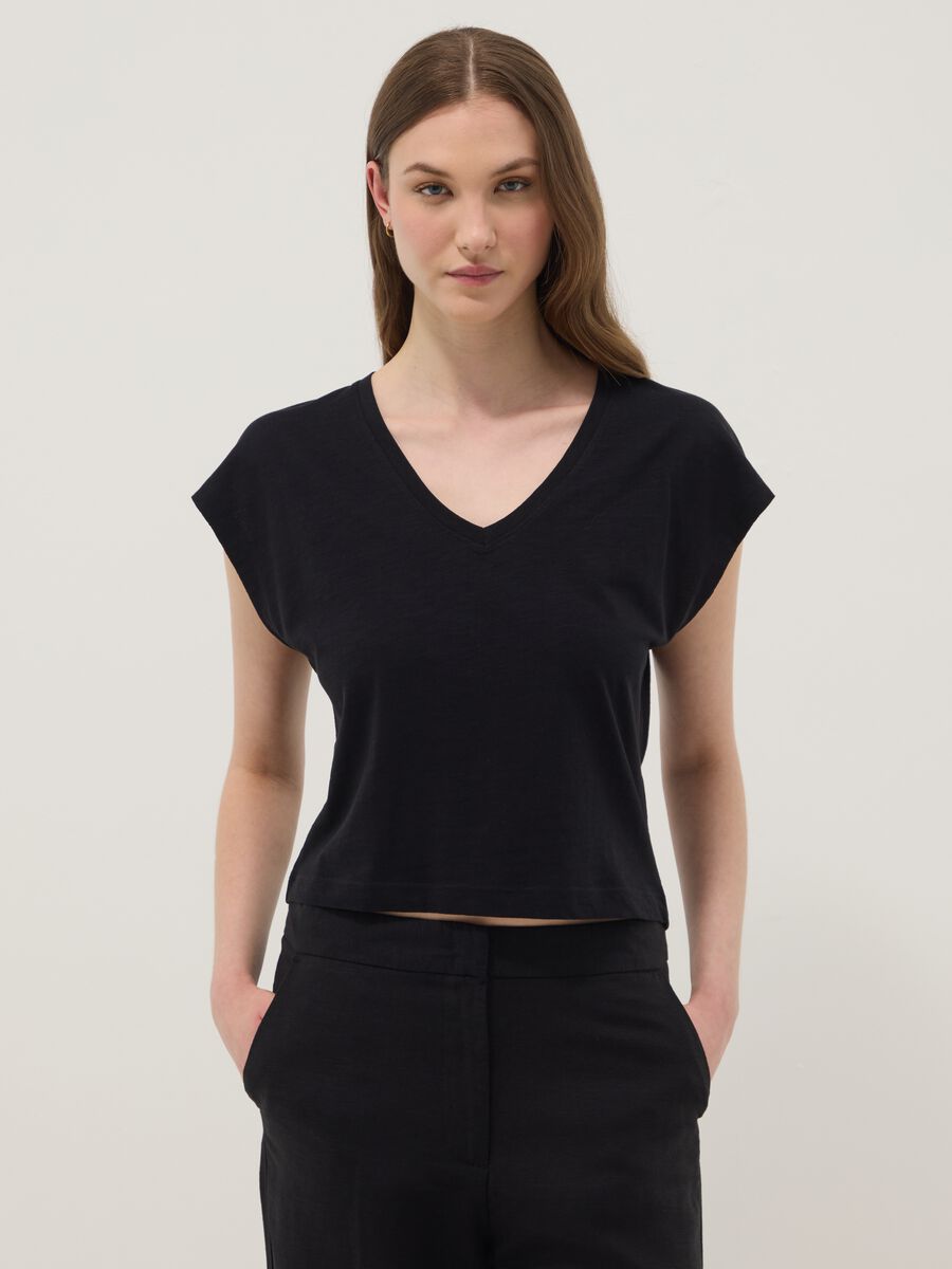 Blue pure cotton V-neck T-shirt_1