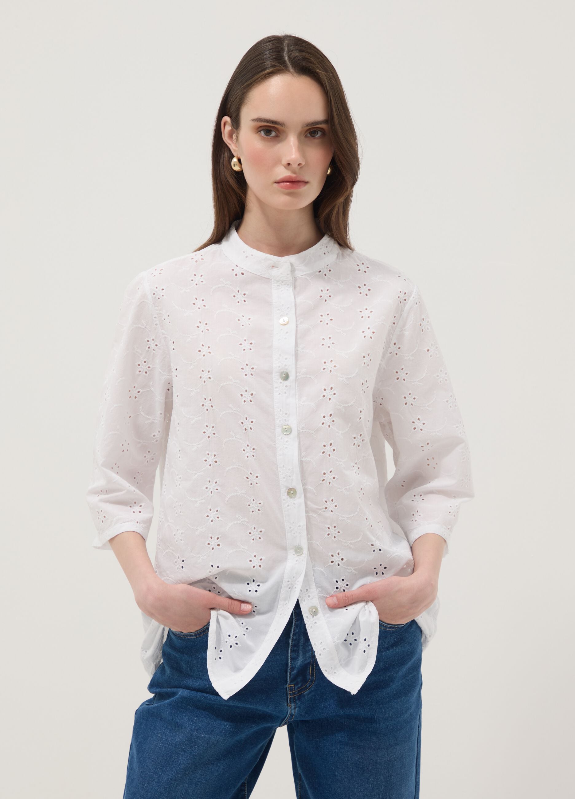 White pure cotton broderie anglaise shirt with band collar, regular fit