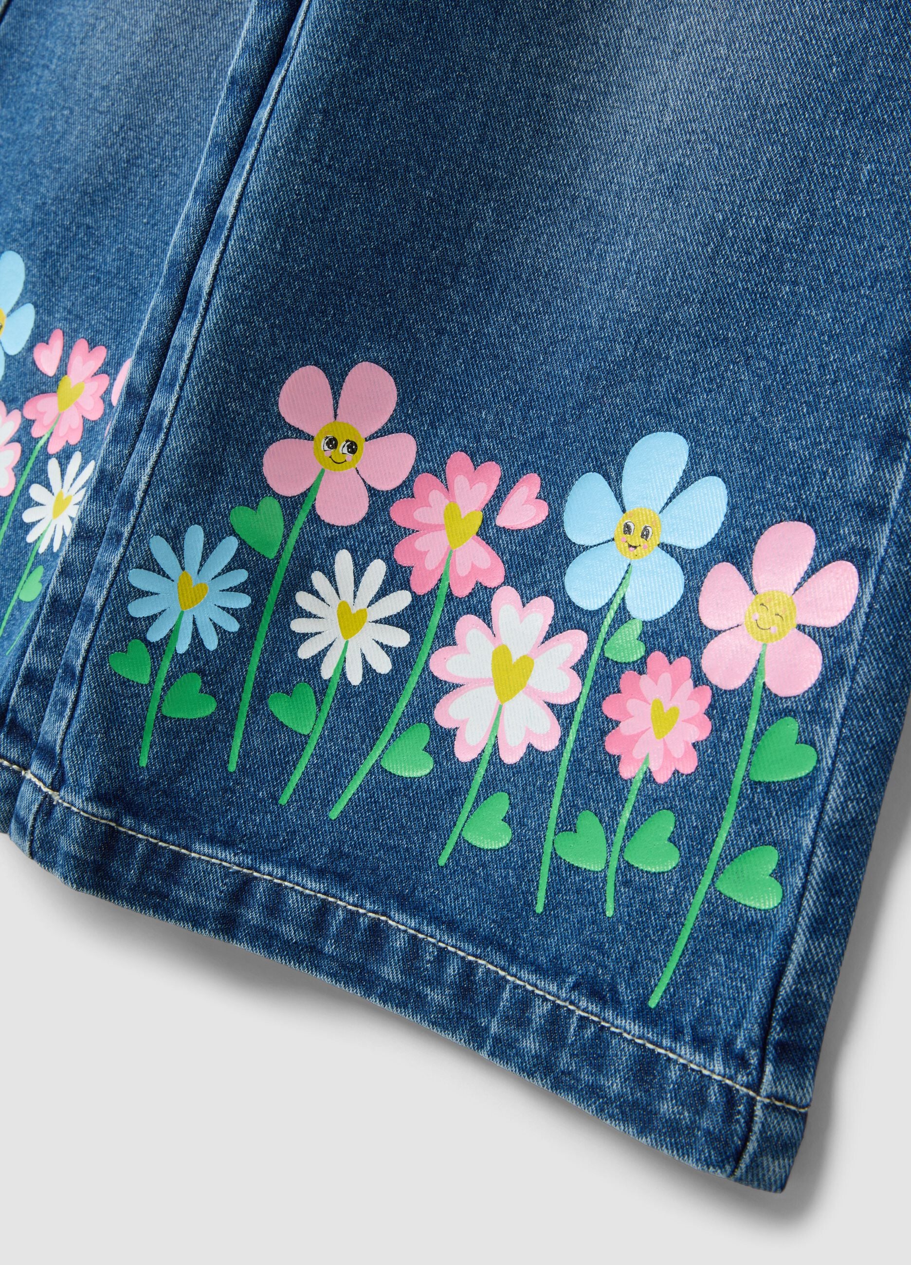 Blue wide-leg pure cotton jeans with floral print for girls