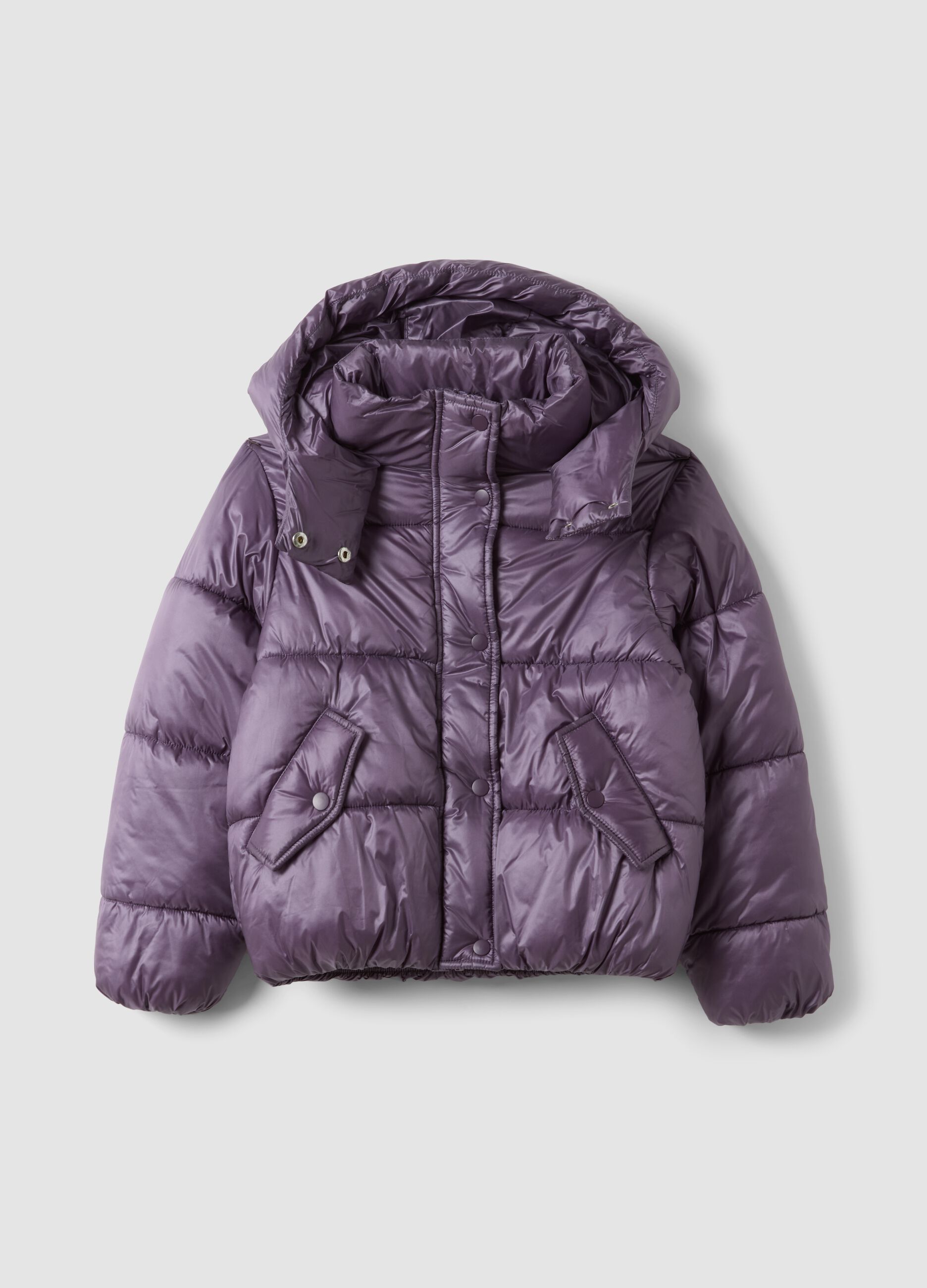 Purple hooded padded jacket with zip fastening