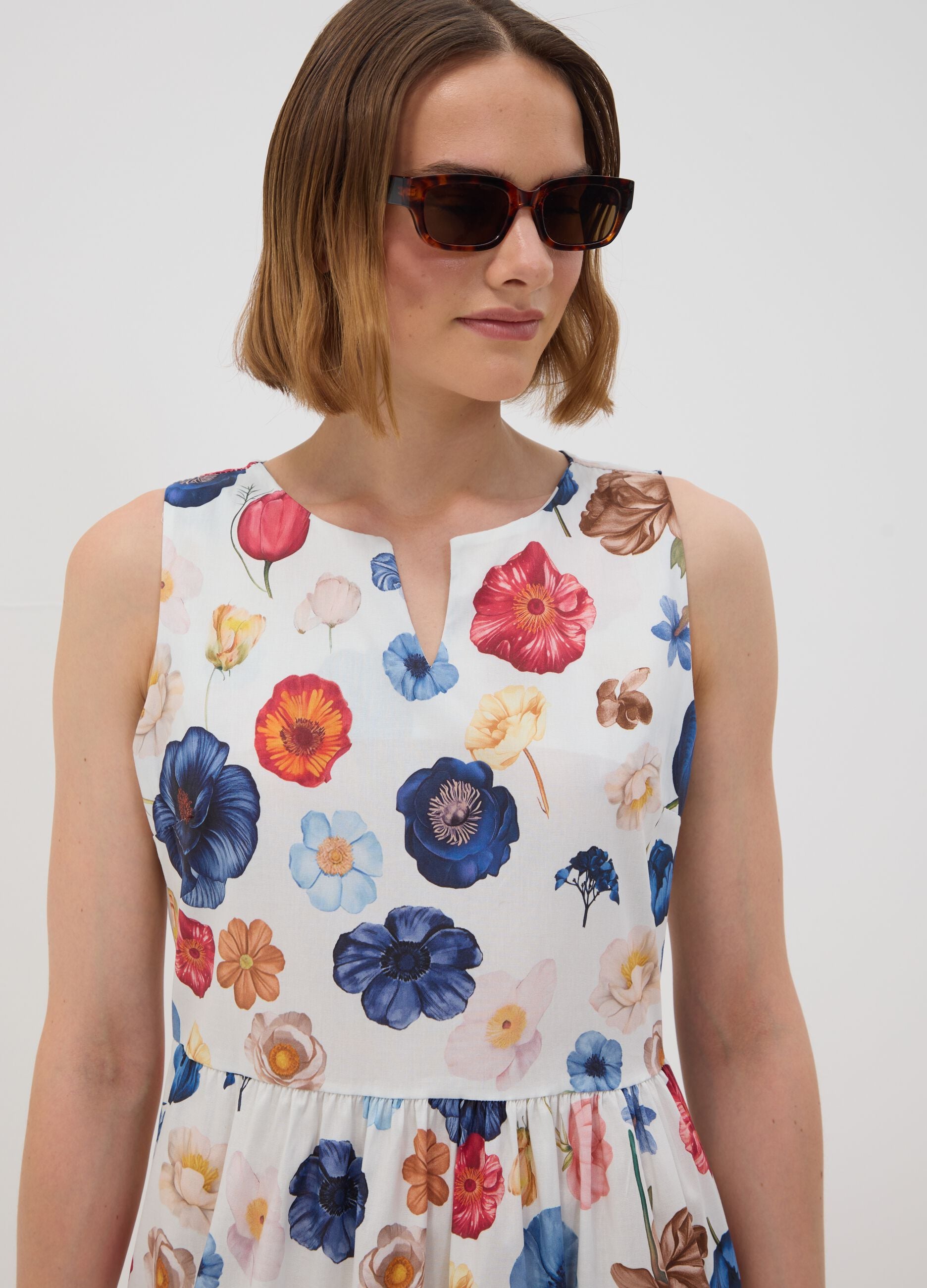 White sleeveless floral stretch-cotton dress, regular fit