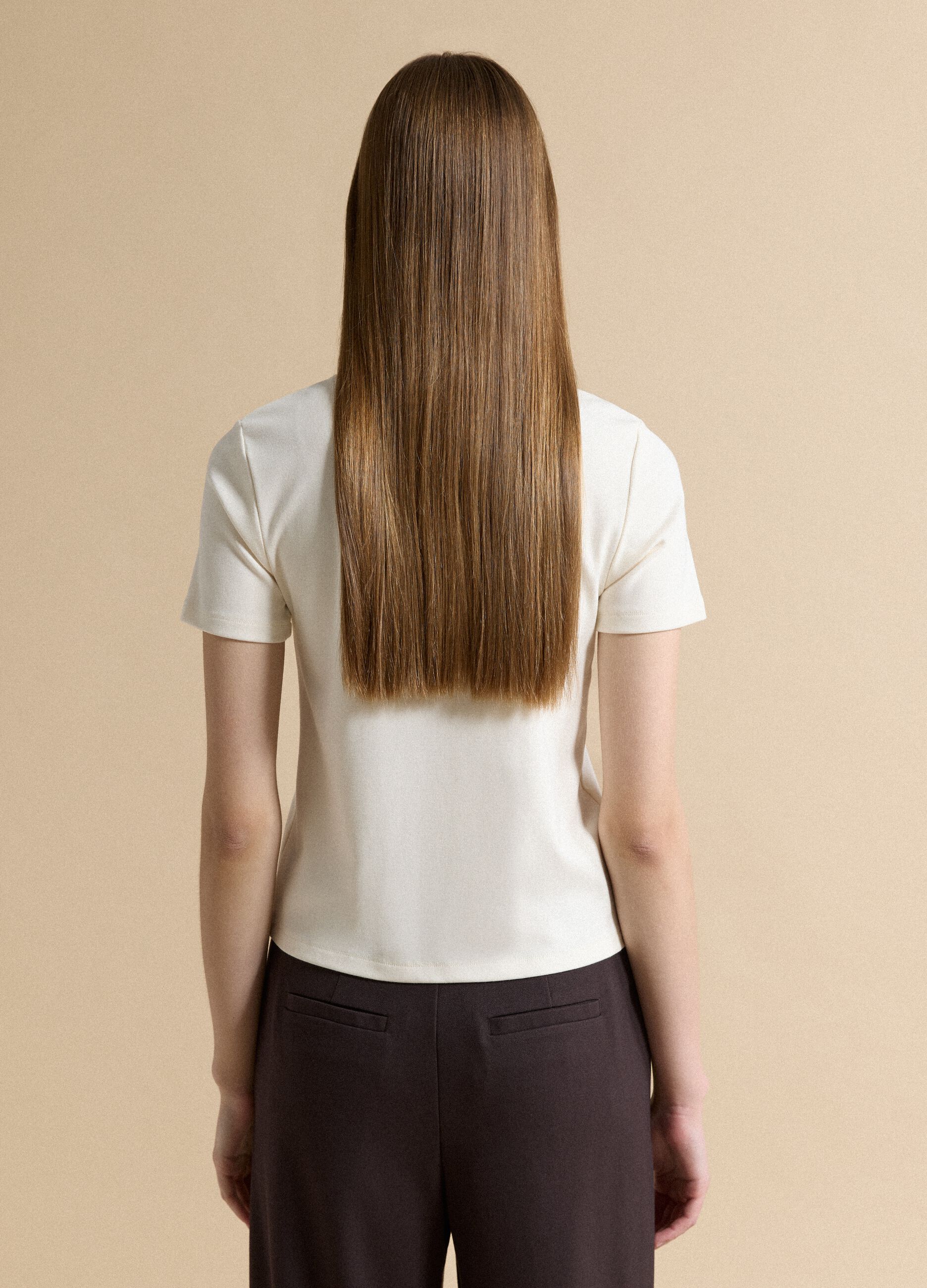 Beige stretch viscose crew-neck T-shirt