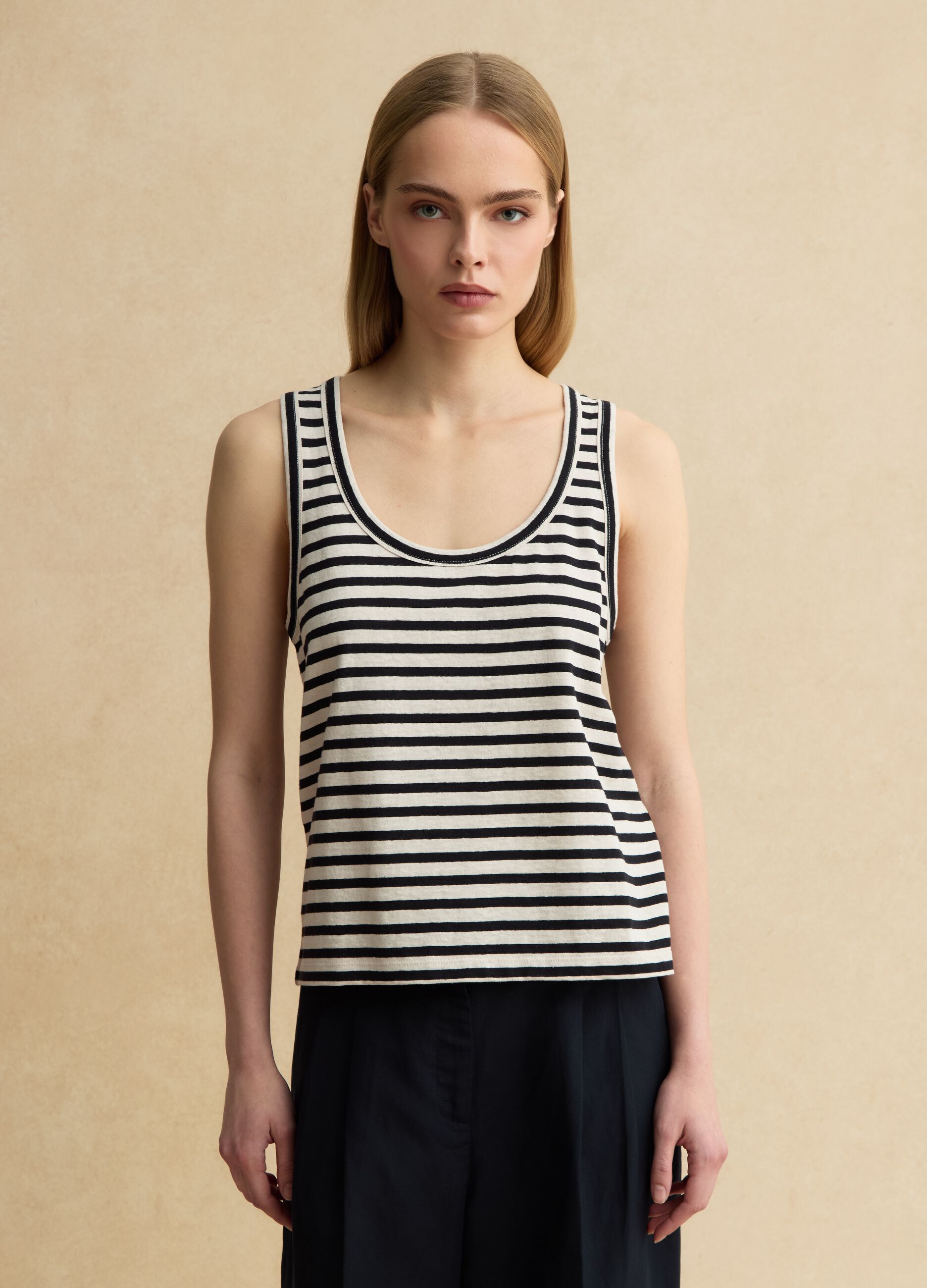 Multicolor striped regular fit cotton and linen tank top