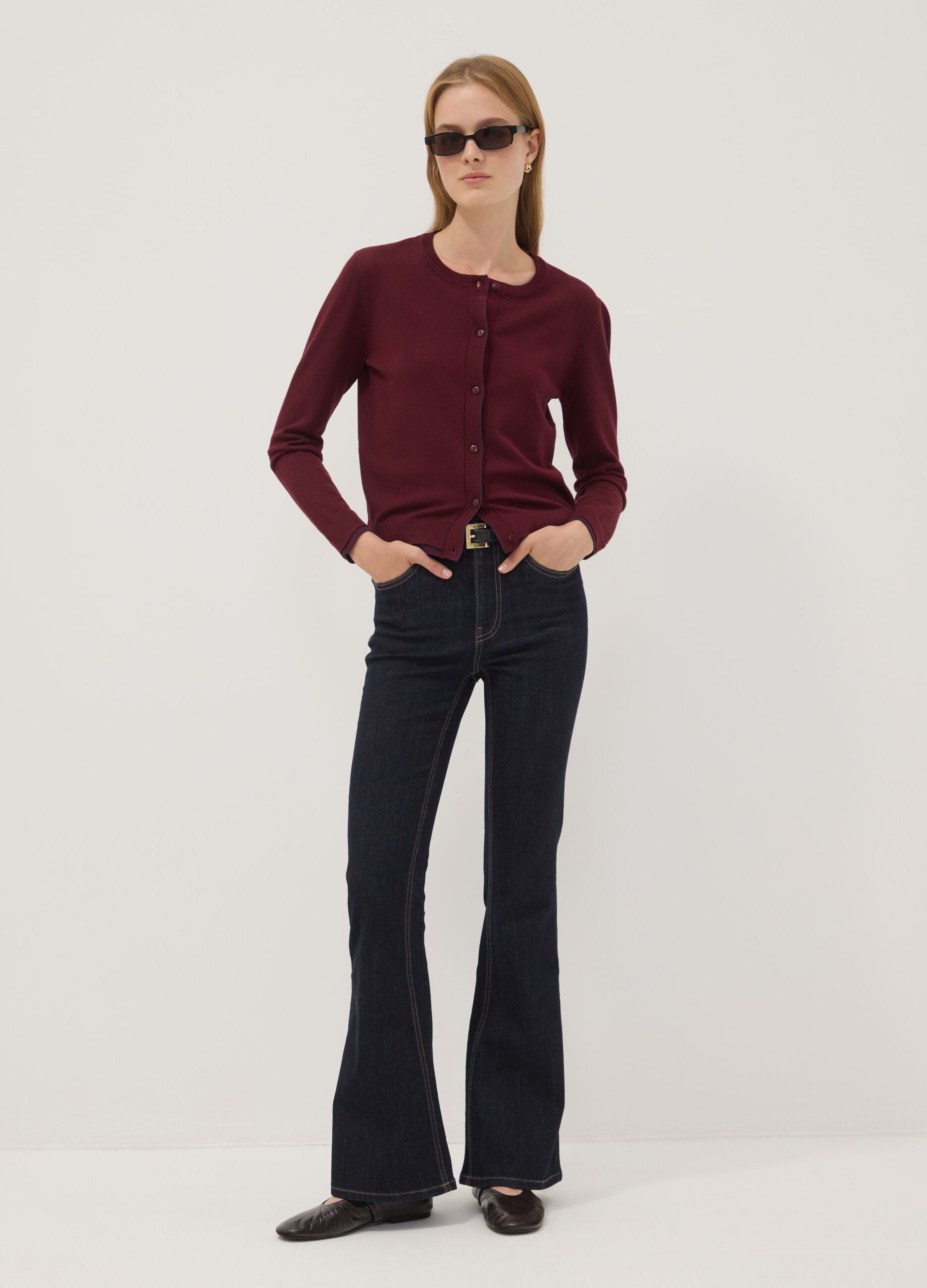 Red viscose-blend cardigan in plain knit