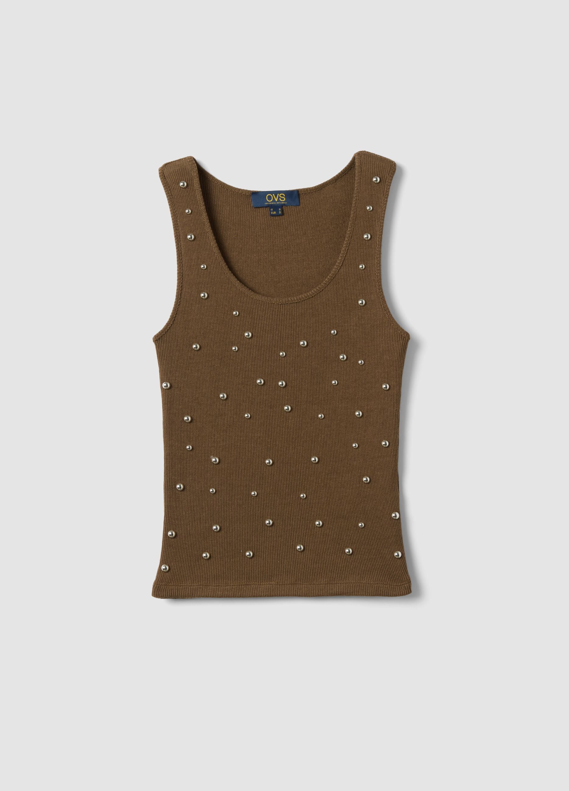 Brown regular fit tank top with metal embellishments