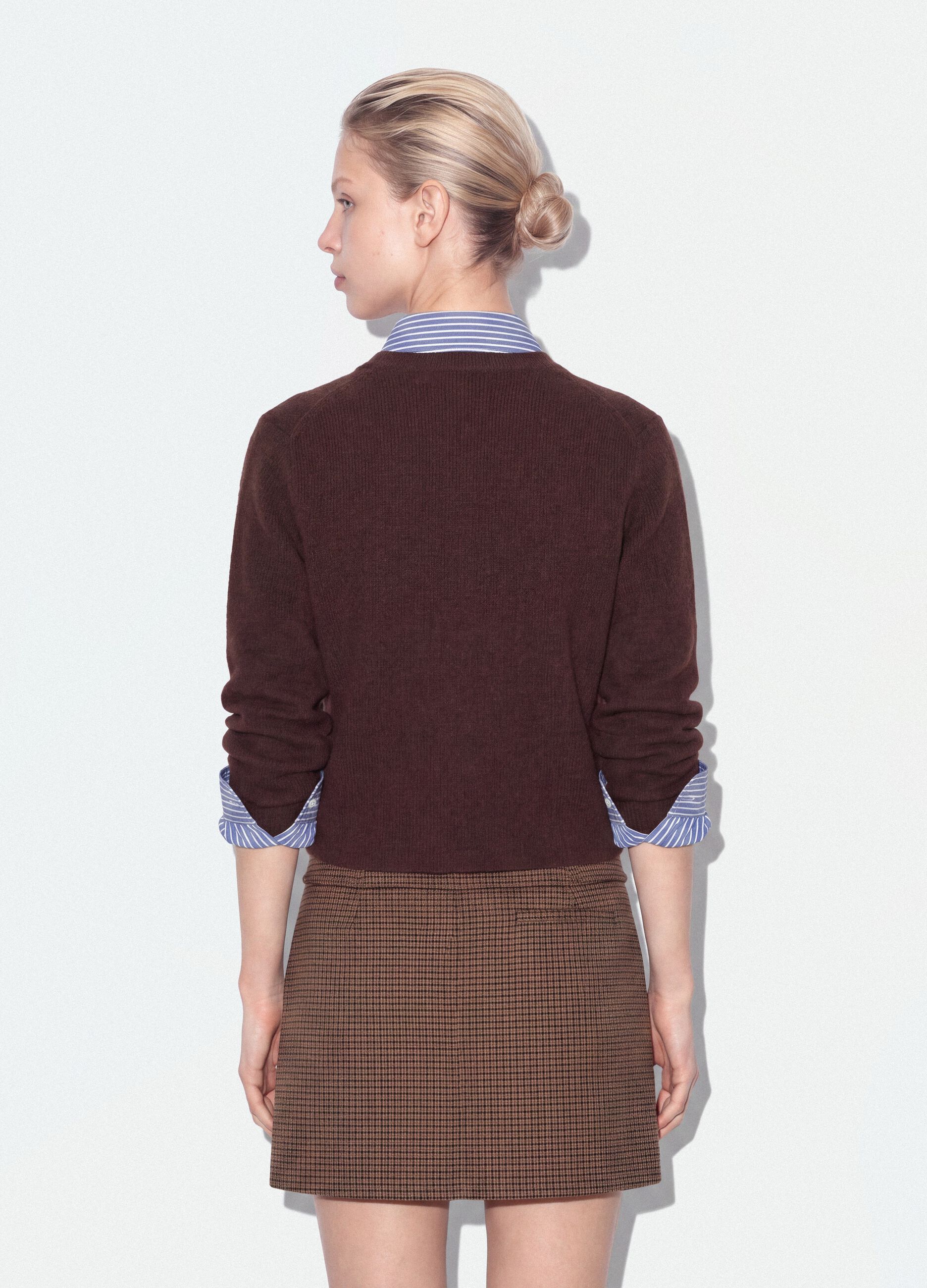 Brown crew-neck cardigan in lyocell and wool blend, oversized fit