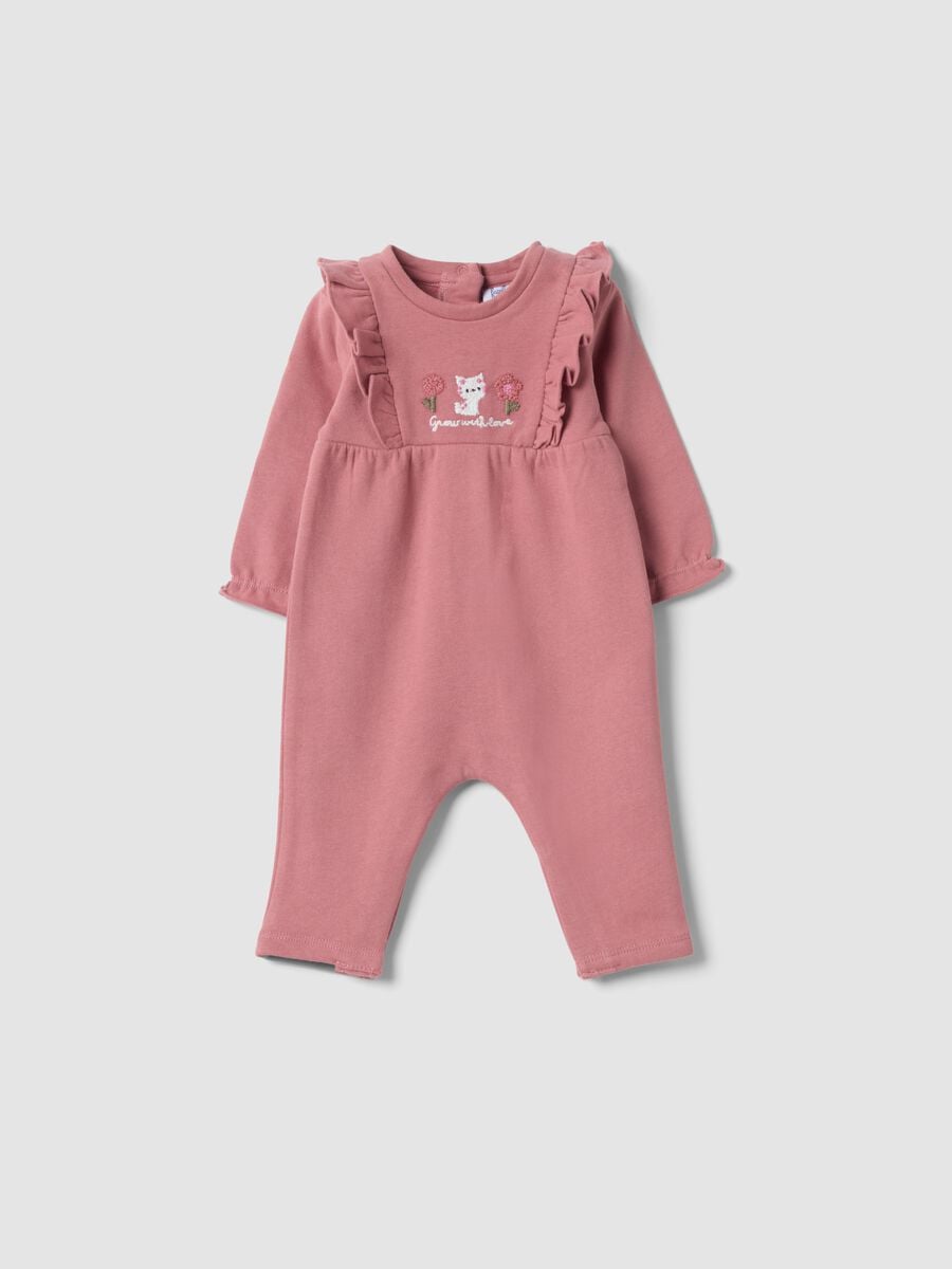 Pink organic cotton sleepsuit with ruffles and chest embroidery_0