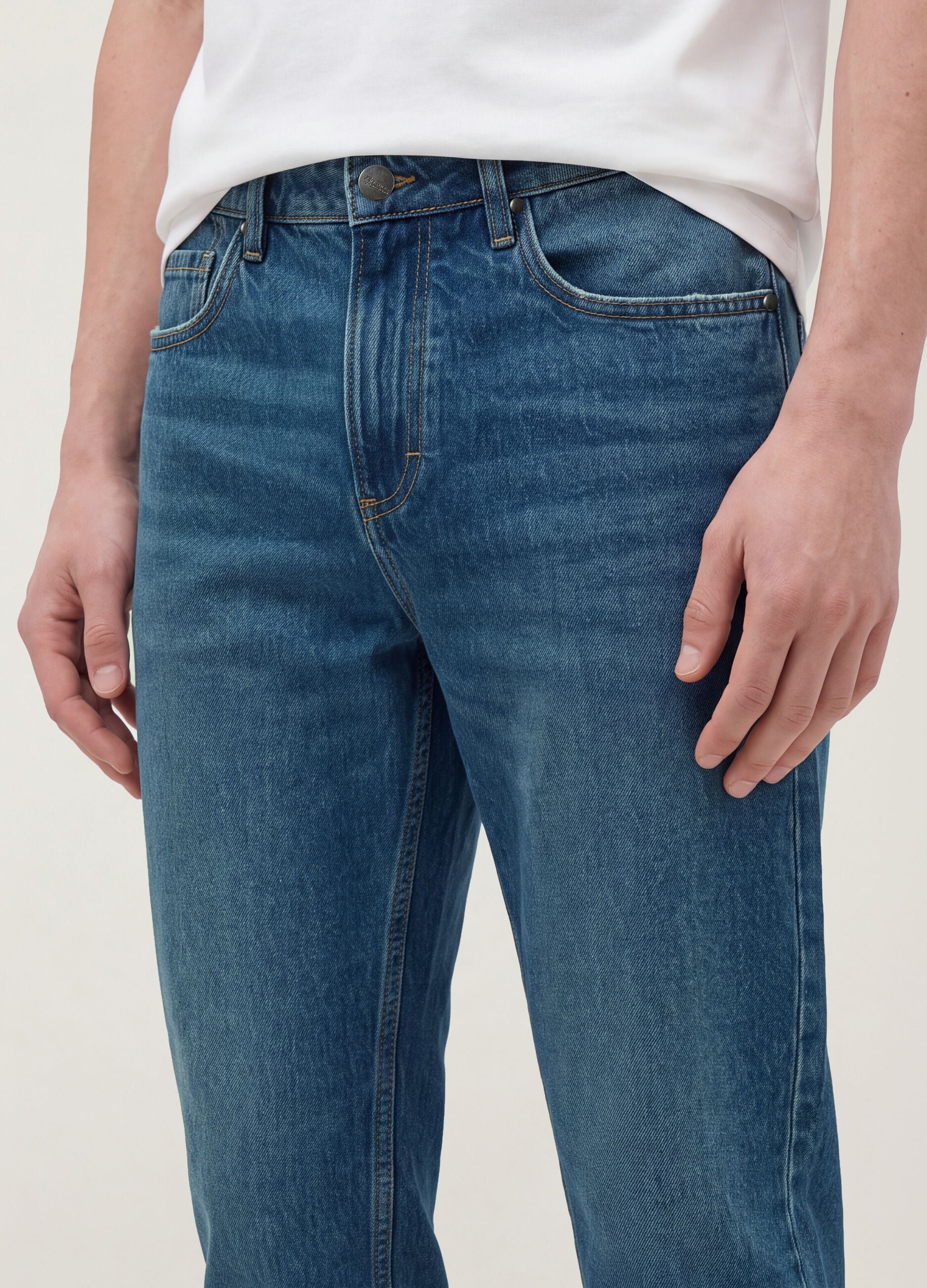 Blue cotton and lyocell blend regular tapered jeans