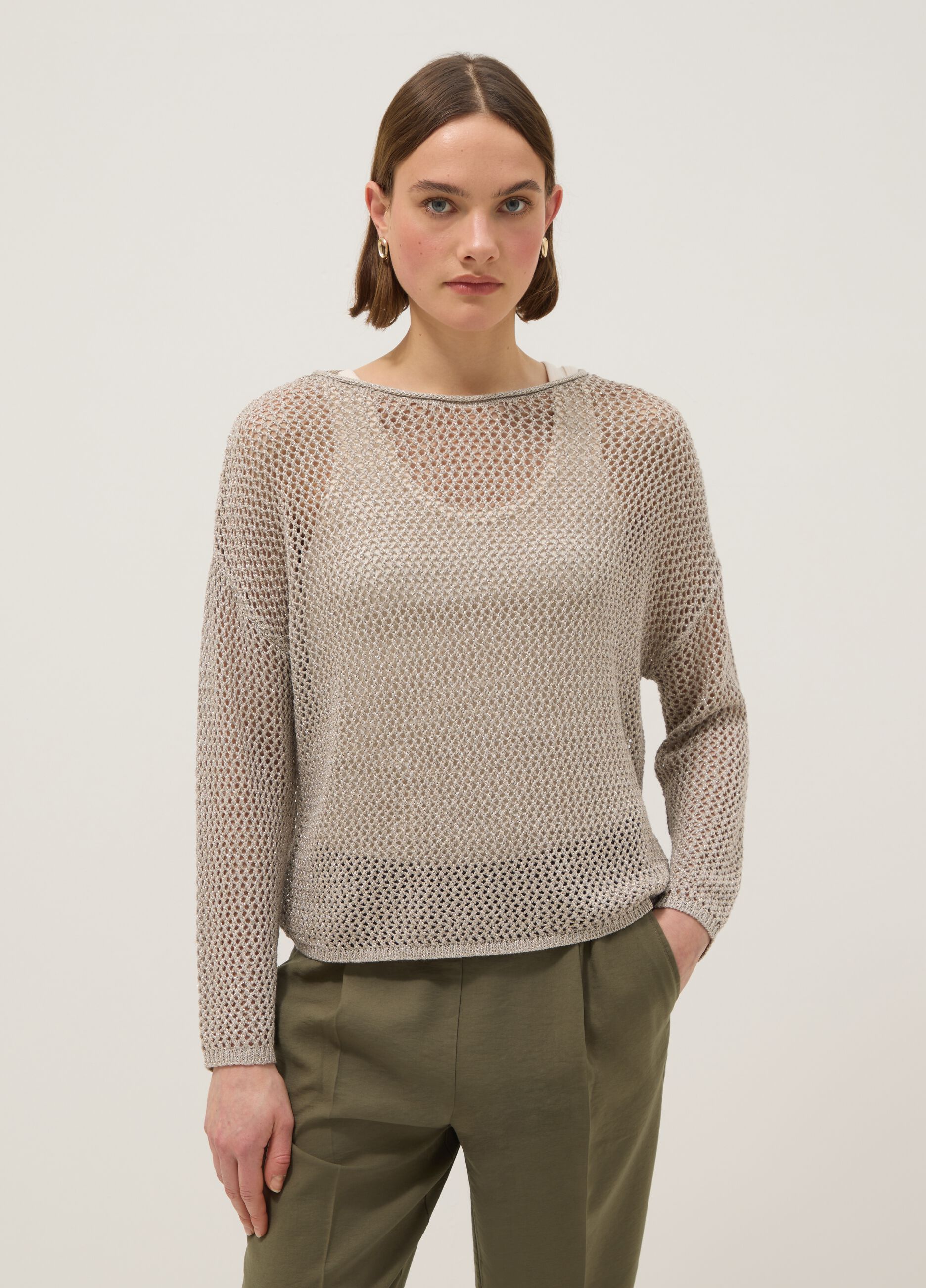 Beige viscose blend sweater regular fit with knit texture