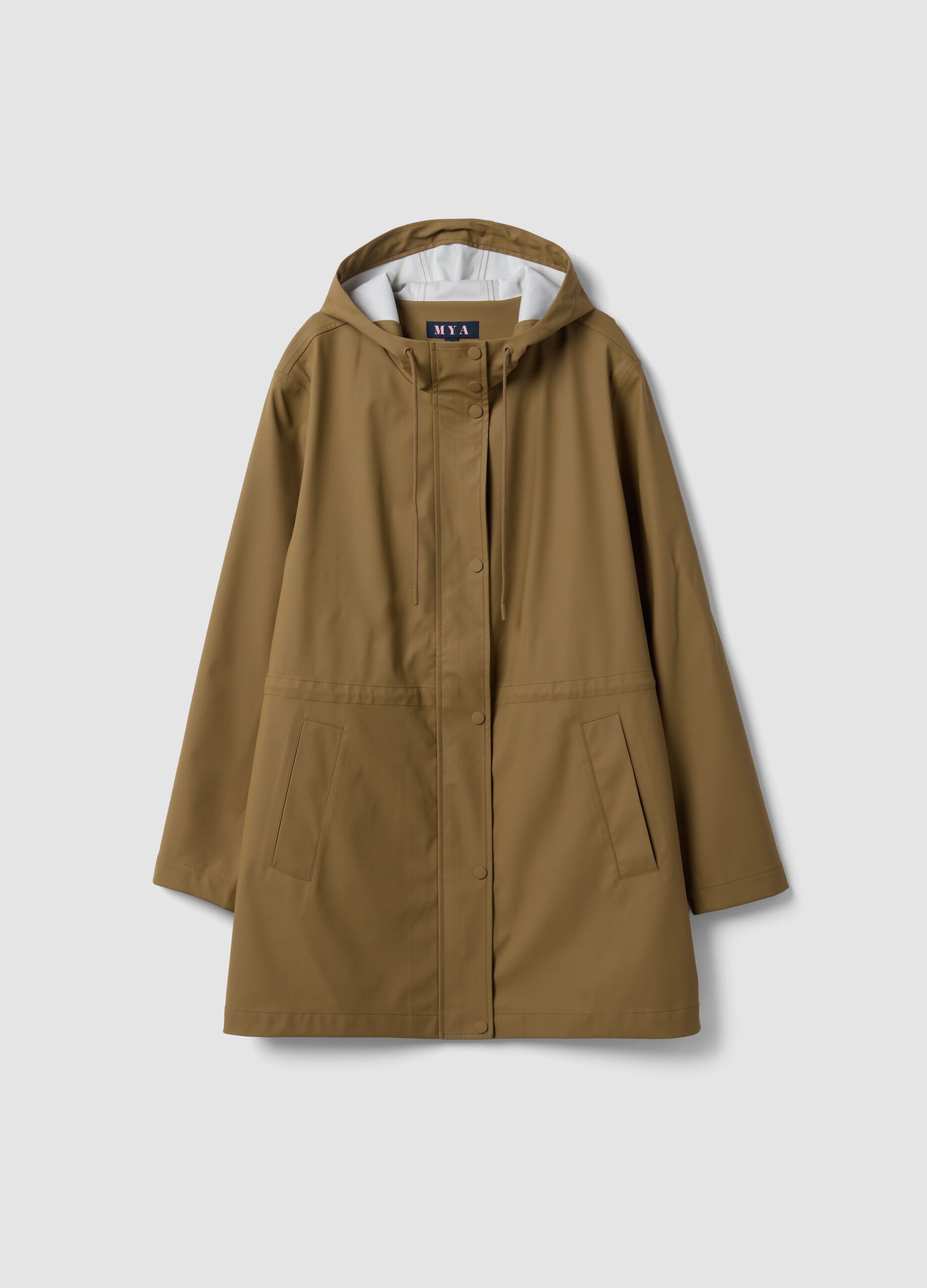 Brown rain jacket with hood, zip and snap buttons, regular fit