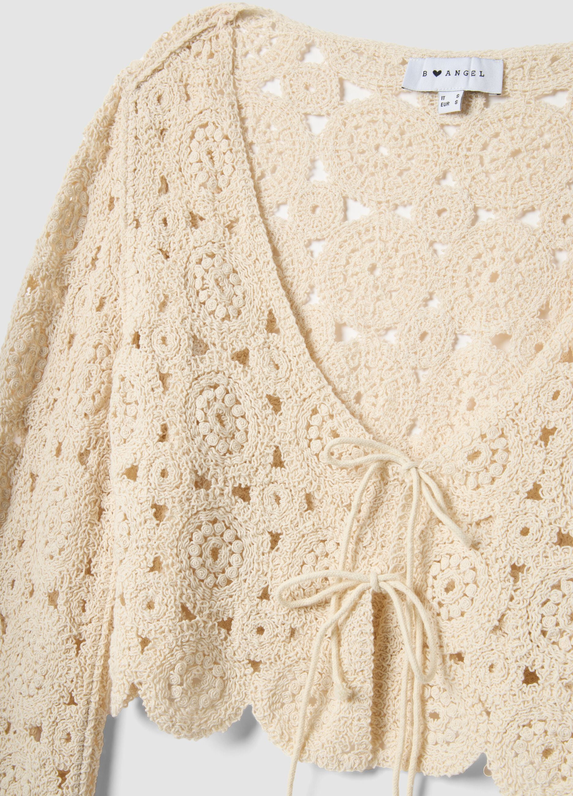 Beige cotton-blend regular-fit cardigan with openwork design