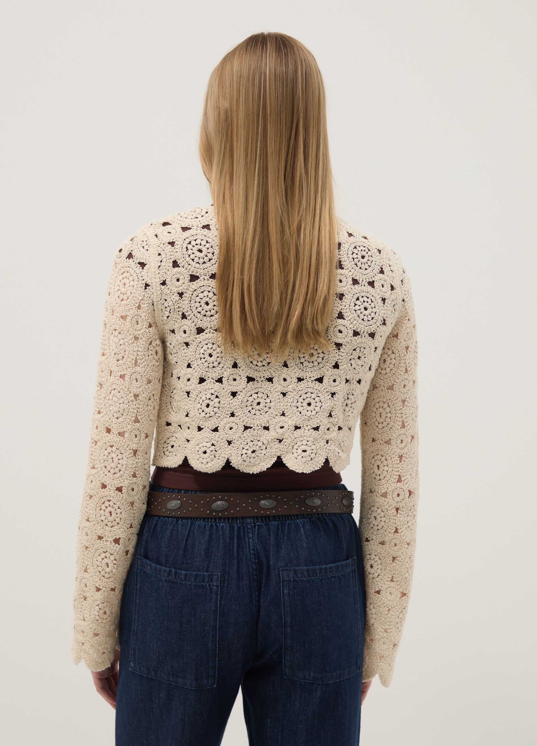 Beige cotton-blend regular-fit cardigan with openwork design