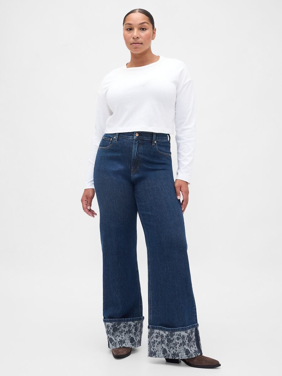 Wide denim trousers with floral turn-up_4