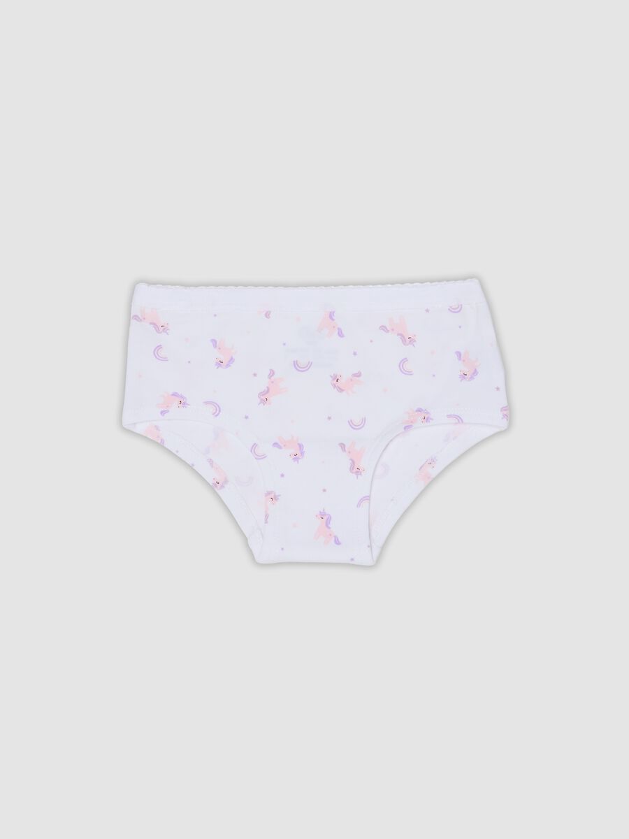 White stretch organic cotton culotte briefs with unicorn print_0