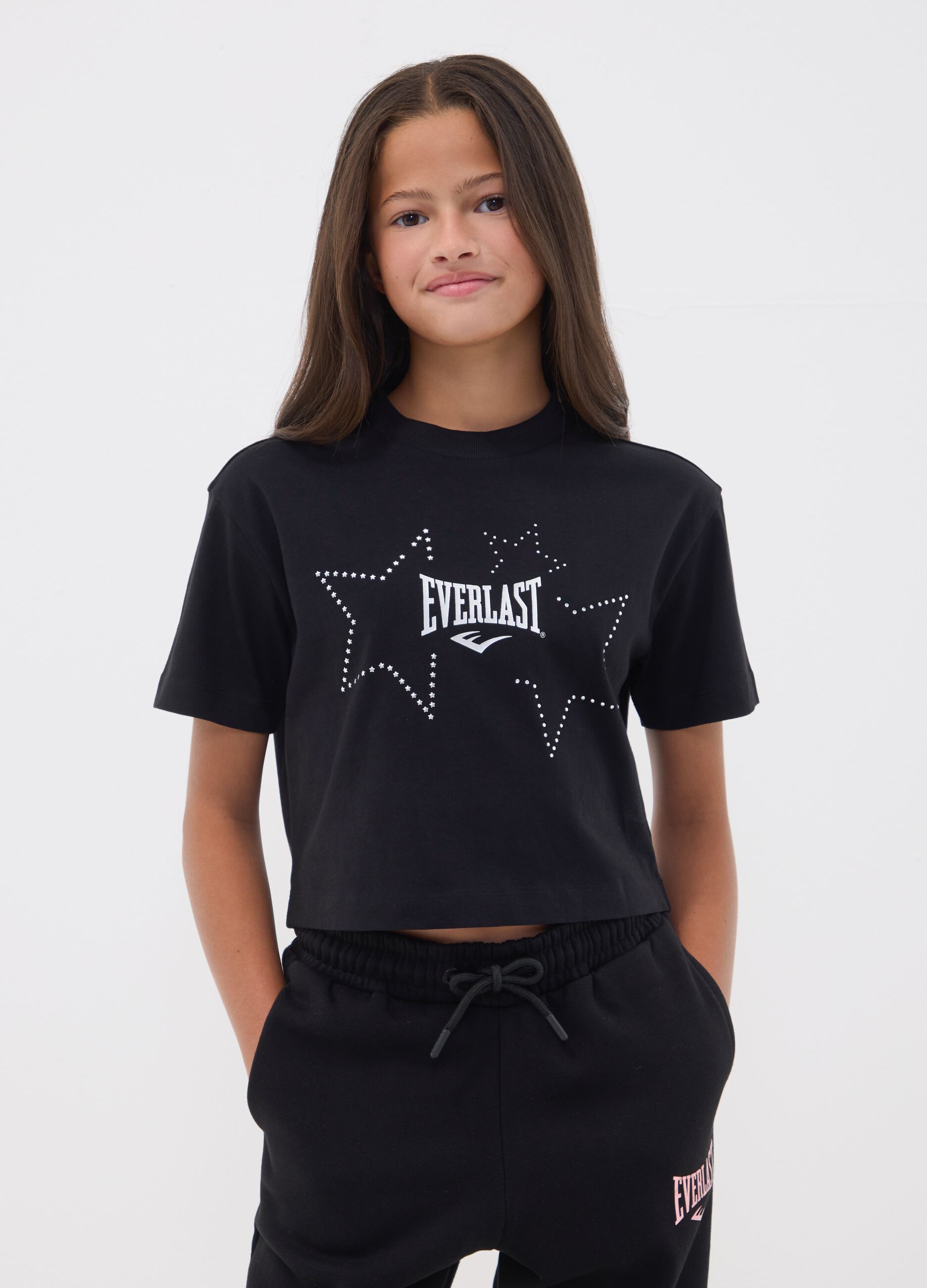 Girls&rsquo; cropped black pure cotton T-shirt with embellished stars