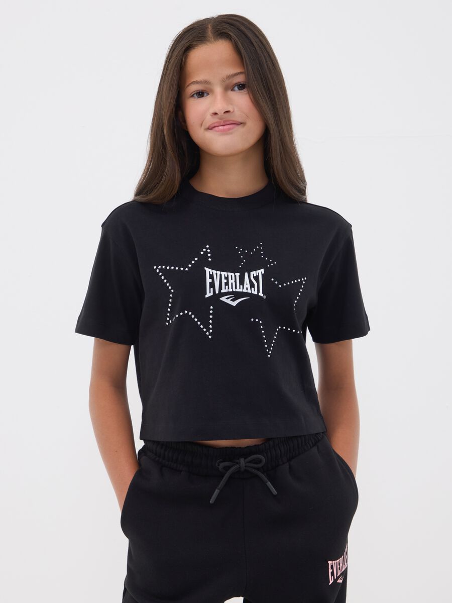 Girls&rsquo; cropped black pure cotton T-shirt with embellished stars_1