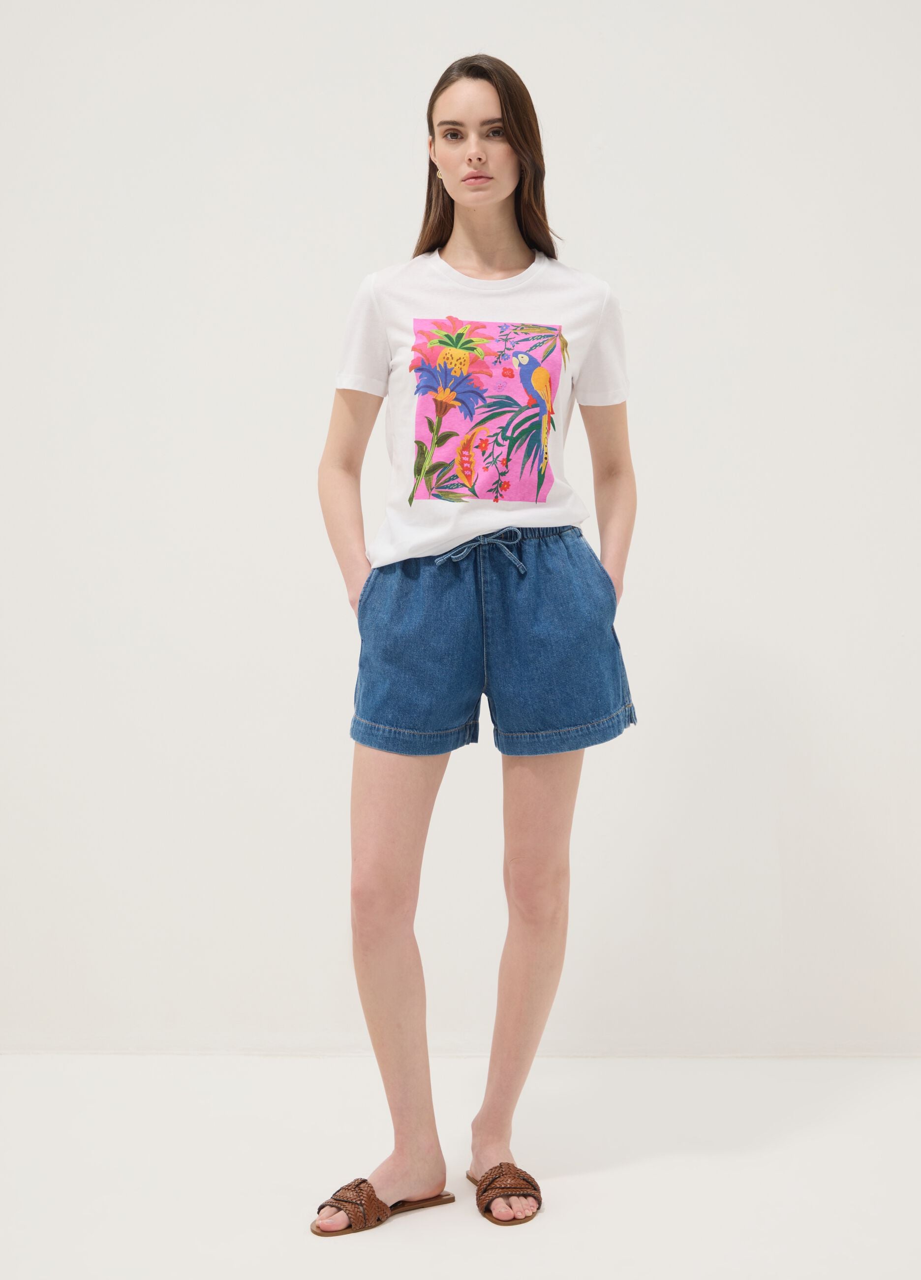 White pure cotton T-shirt with tropical print