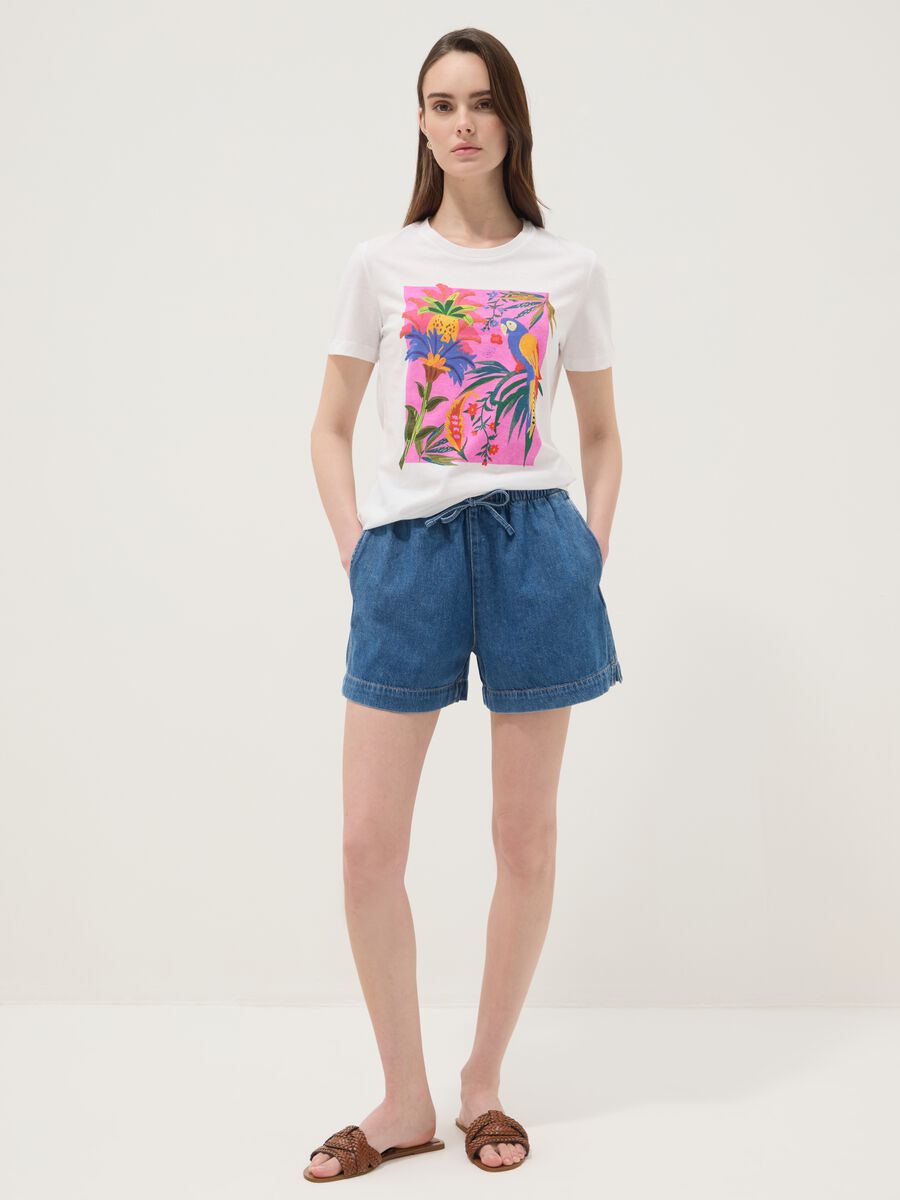 White pure cotton T-shirt with tropical print_1