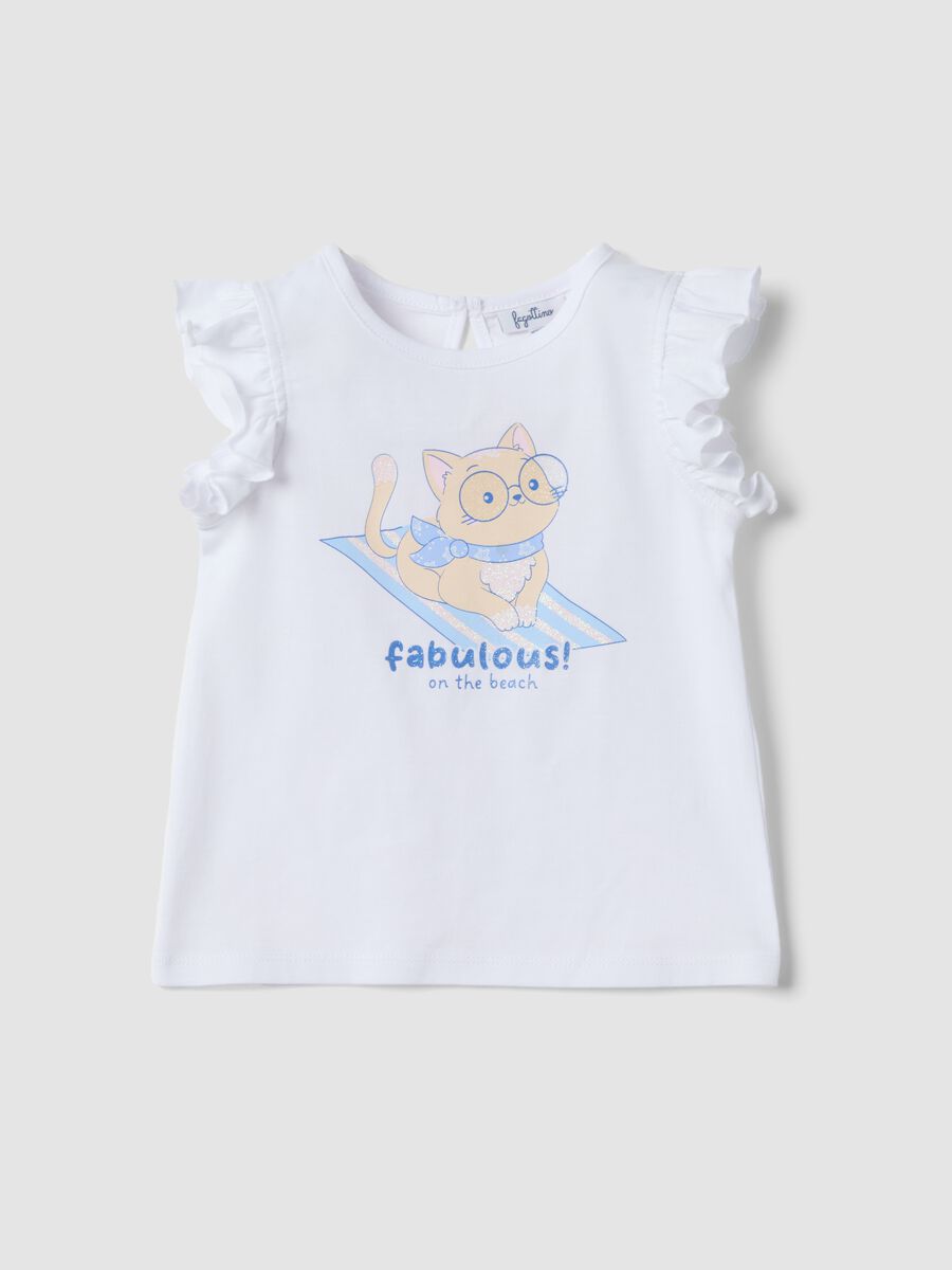 Tank top bianco in puro cotone organico da bimba con stampa e volant_0