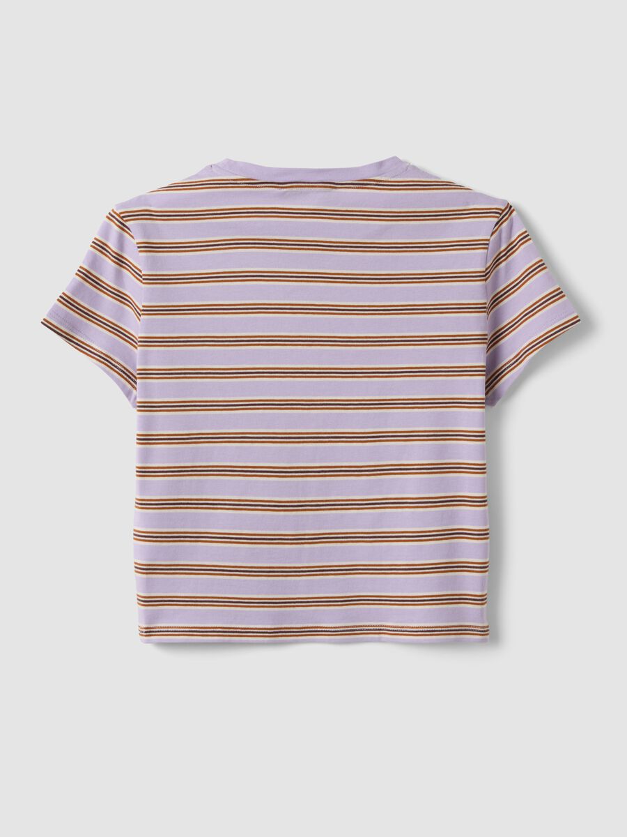 T-shirt crop viola in puro cotone a righe con stampa_2