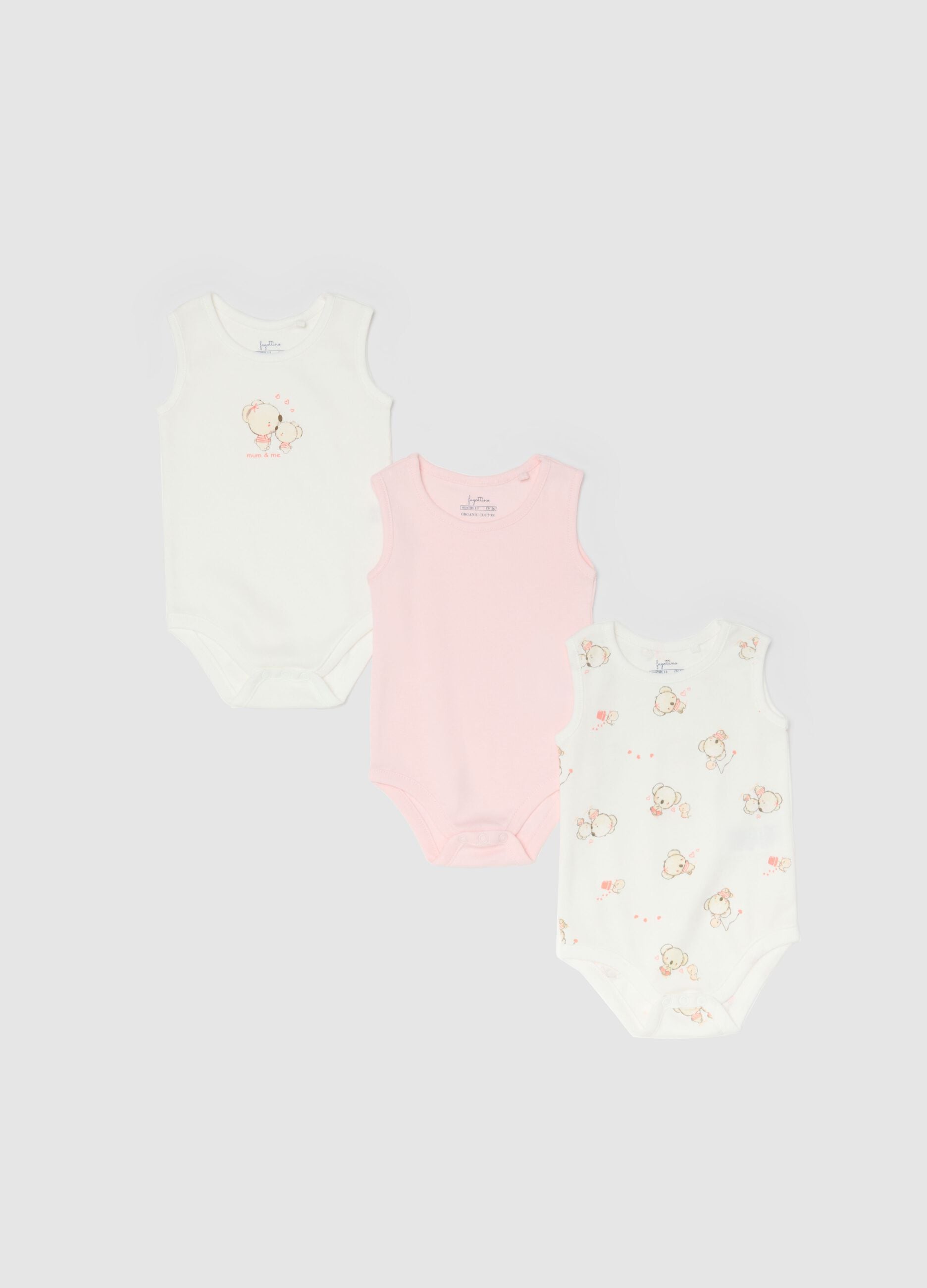 Pack of three sleeveless multicolour bodysuits in pure cotton for baby girls