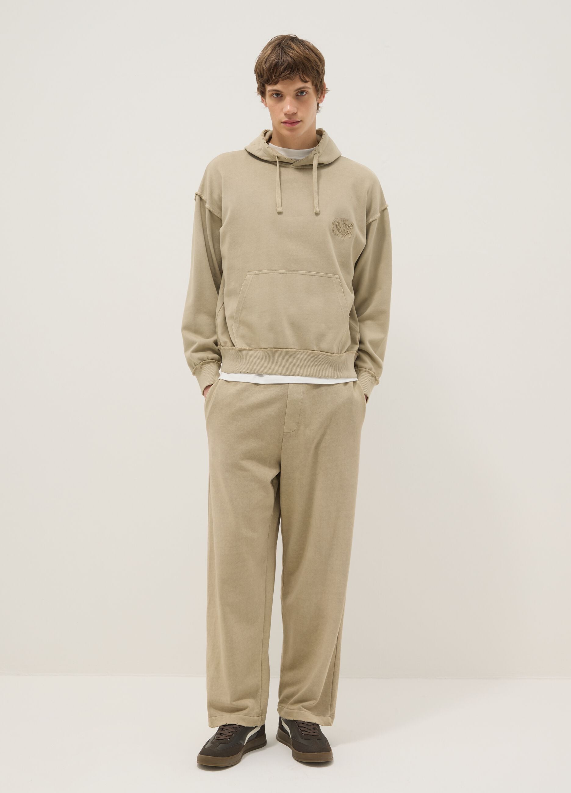 Oversize fit beige cotton blend trousers