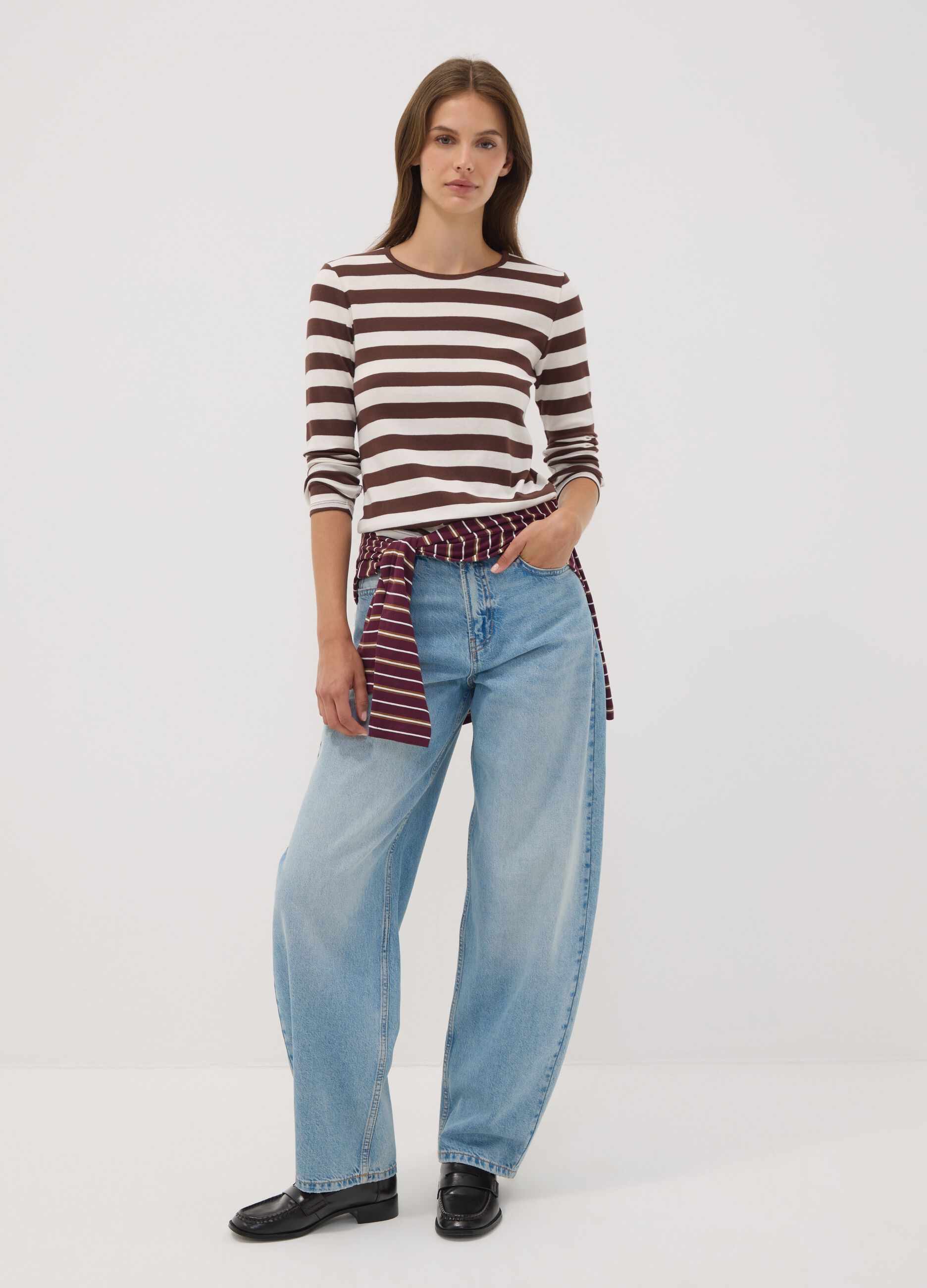 White striped pure cotton crew-neck T-shirt
