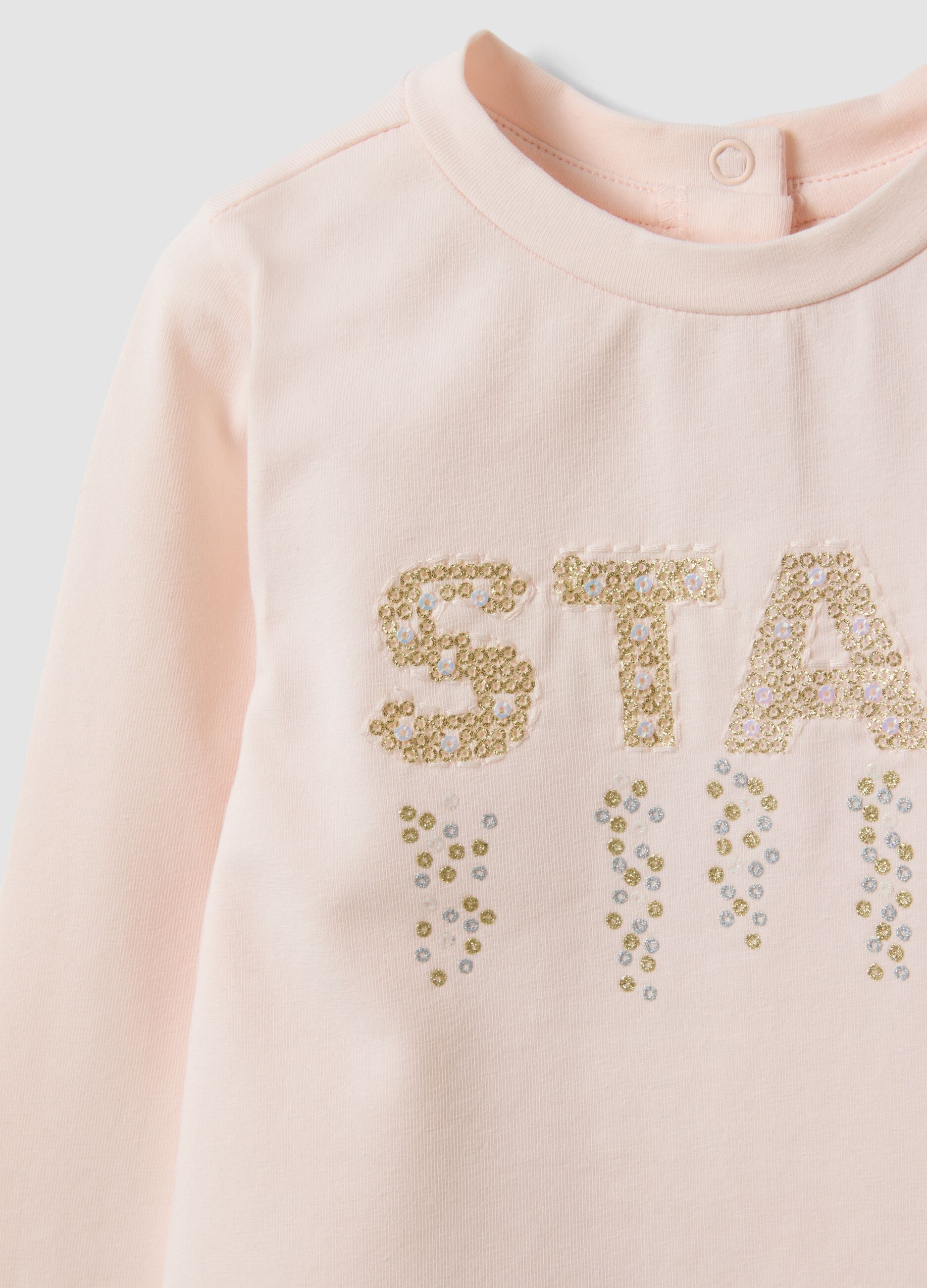 Orange organic cotton T-shirt with sequin slogan for baby girl