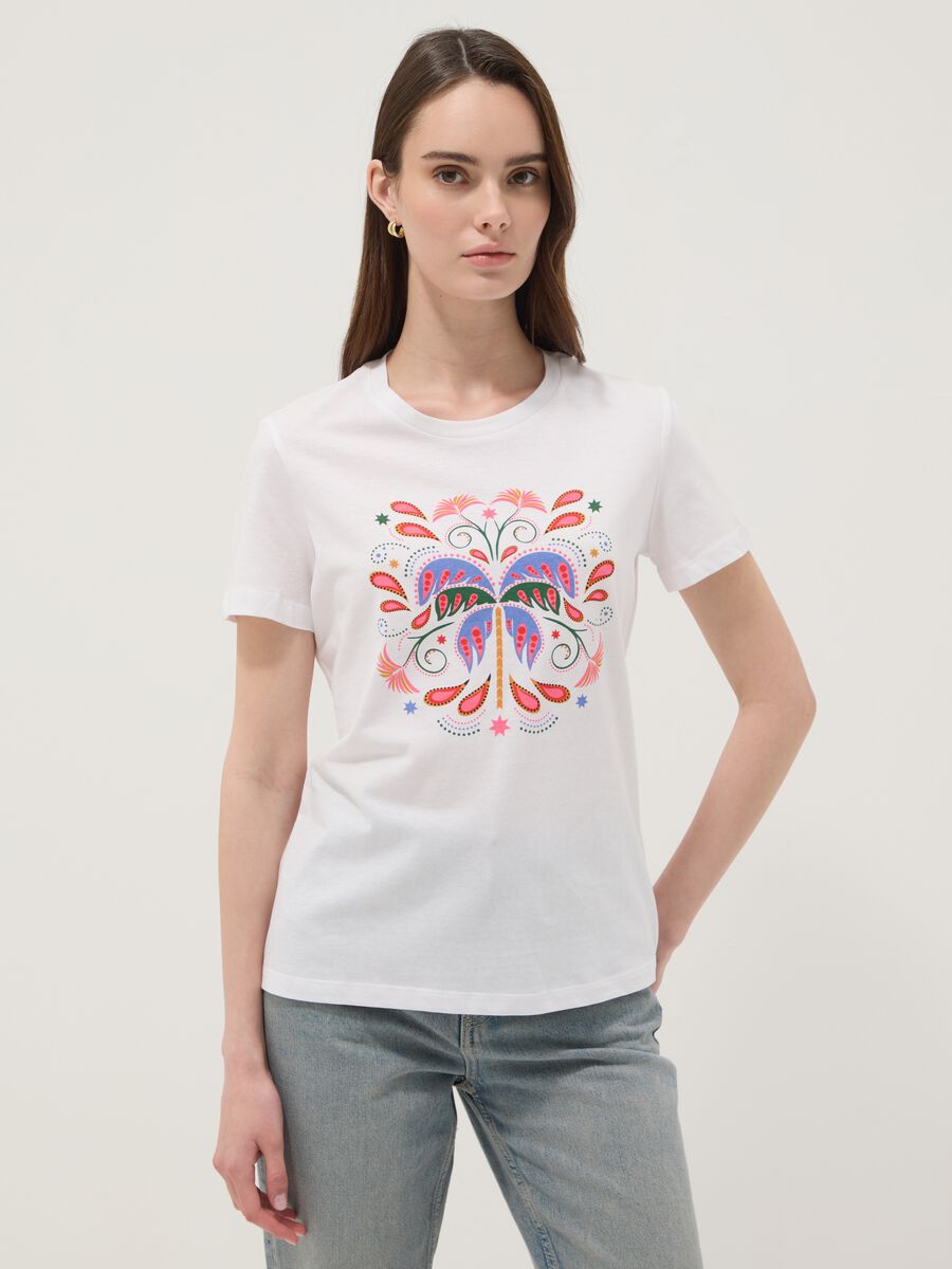 White pure cotton T-shirt with front print_1