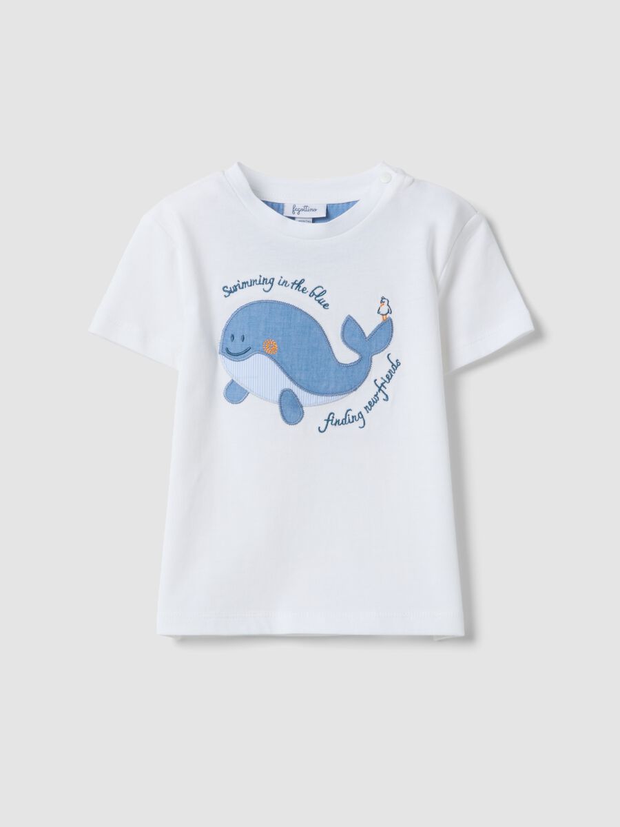 T-shirt bianca in puro cotone da bimbo con ricamo balena_0