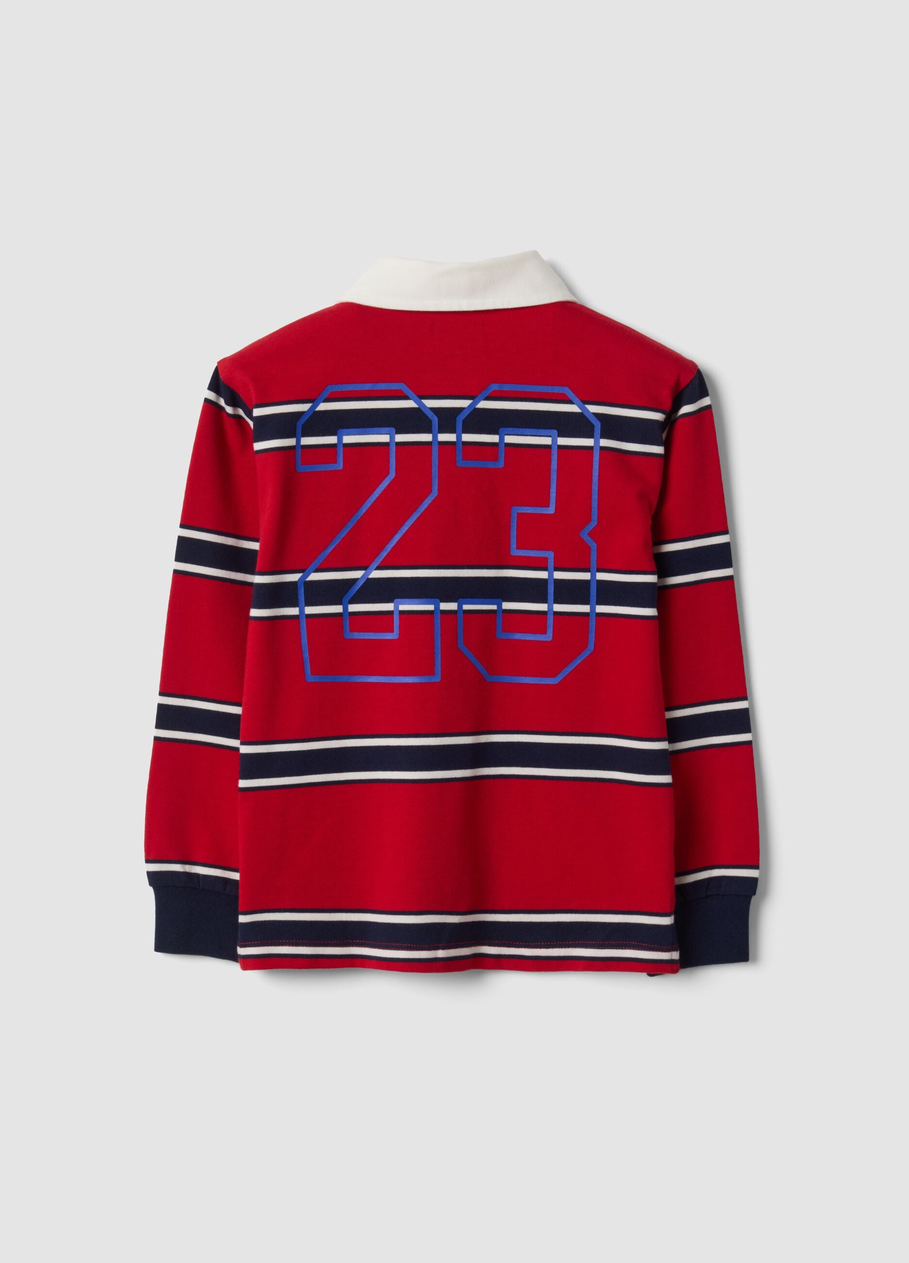 Boys&rsquo; red striped pure cotton rugby polo, regular fit