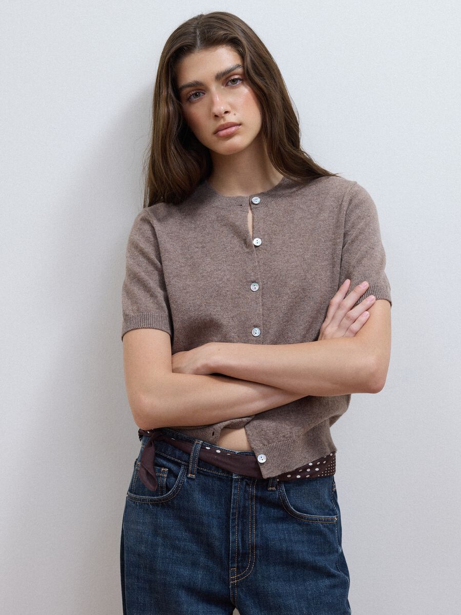 Grey pure wool crew-neck cardigan, regular fit_1