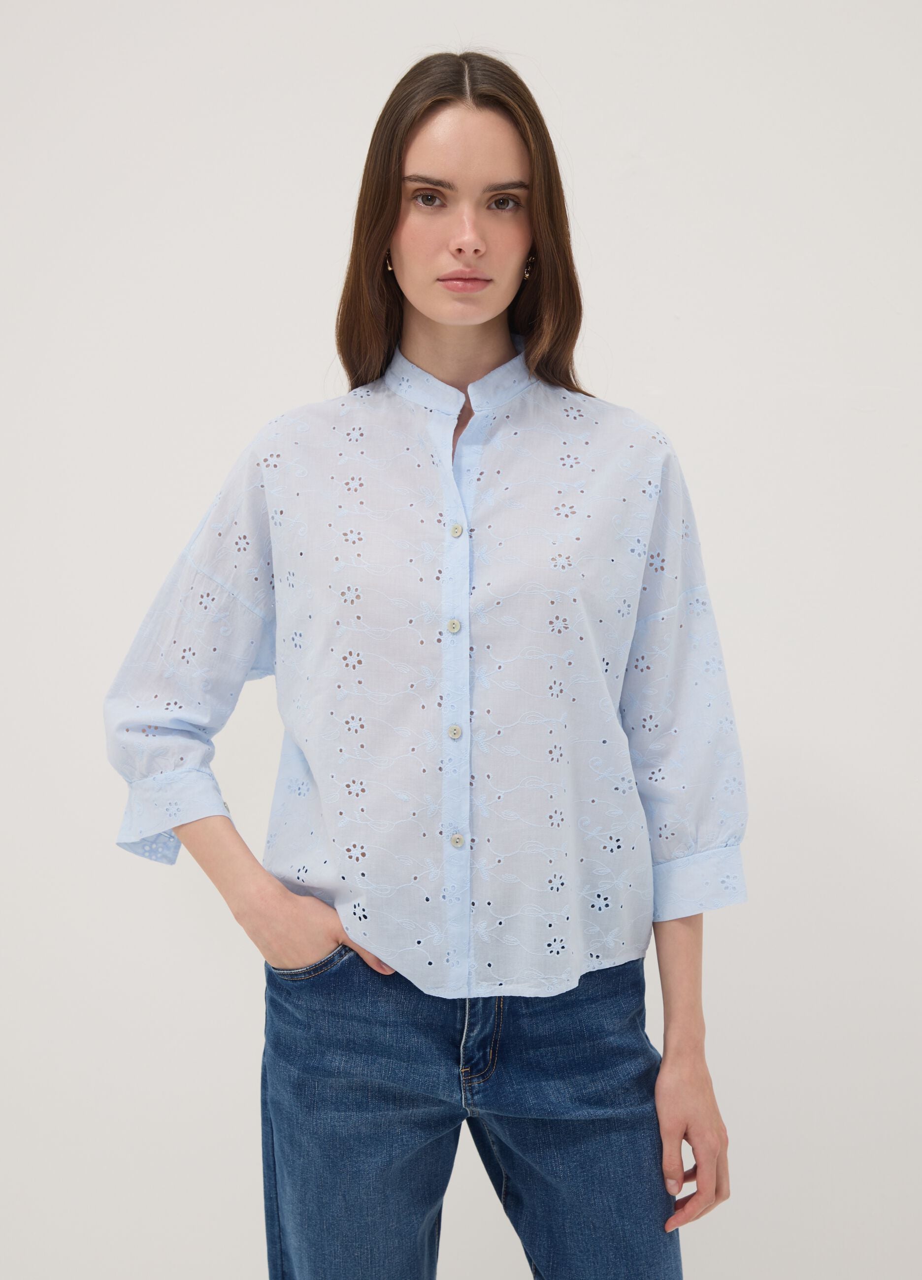 Light Blue Broderie Cotton Shirt with Mandarin Collar, Regular Fit