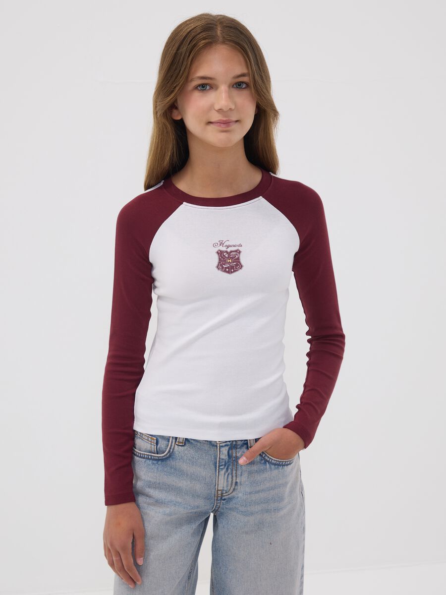 White stretch cotton girls&rsquo; T-shirt with Hogwarts crest_1