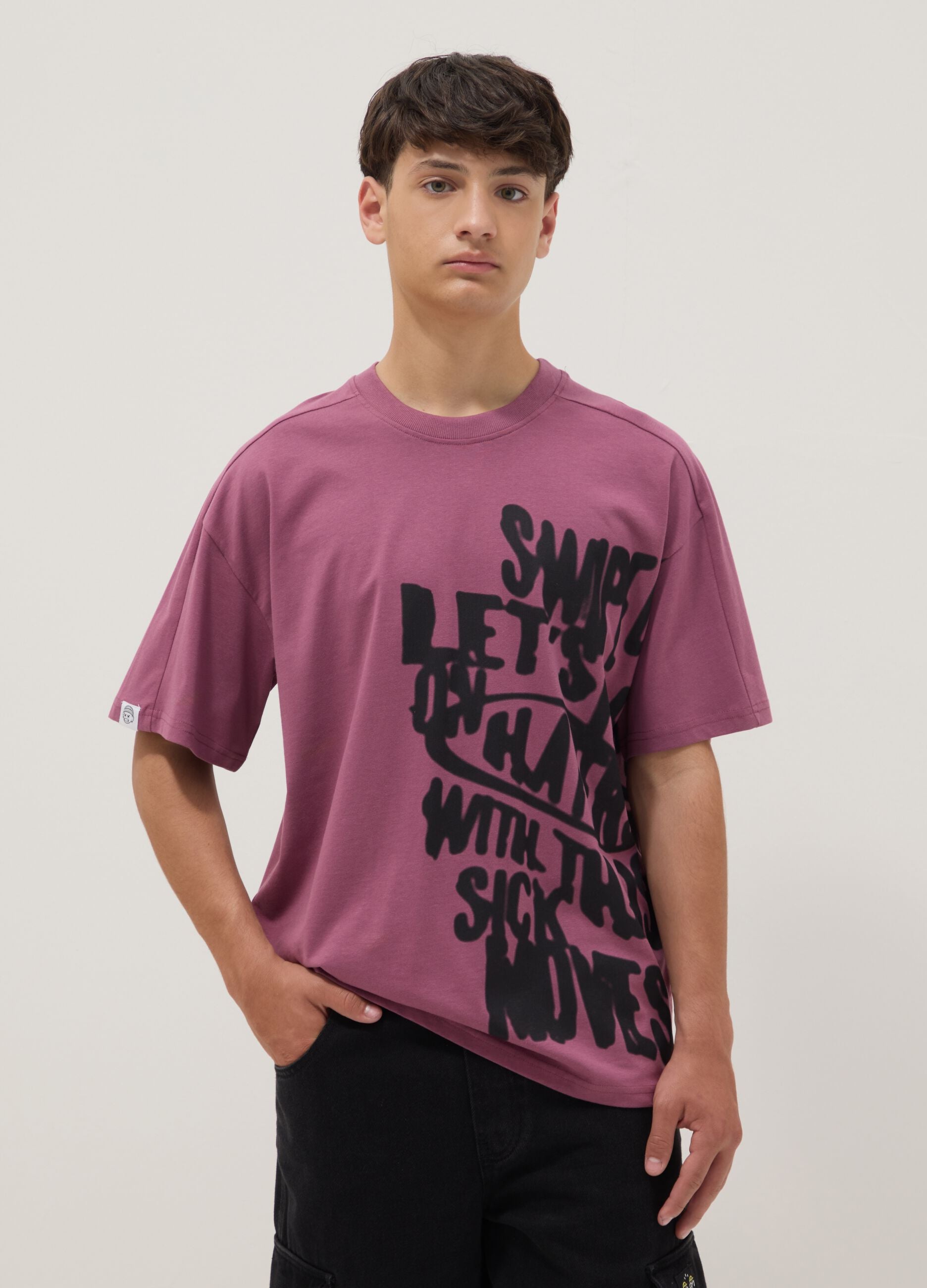 Purple pure cotton boys&rsquo; oversized T-shirt with print