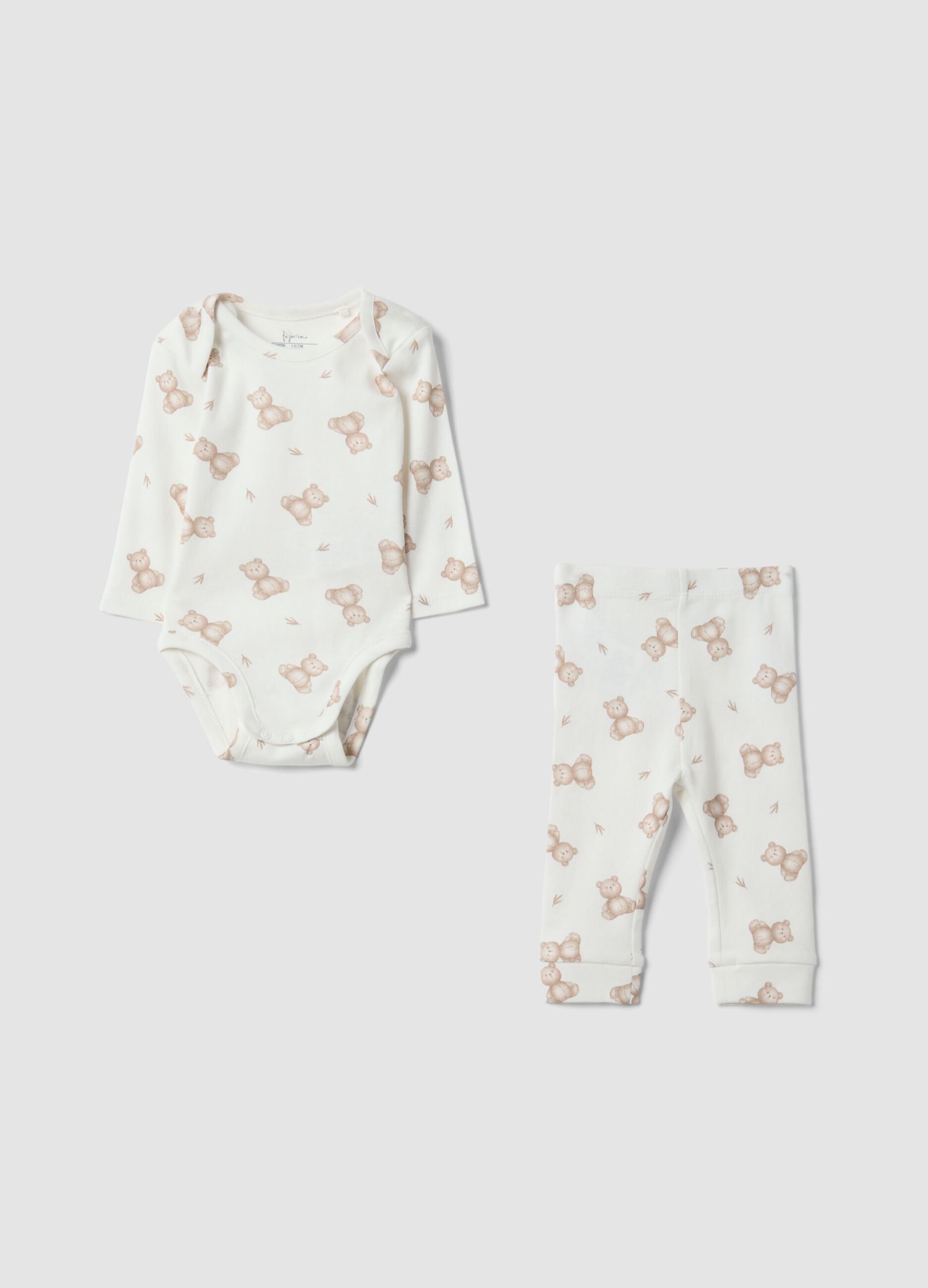 White organic cotton set with printed bodysuit and leggings for babies