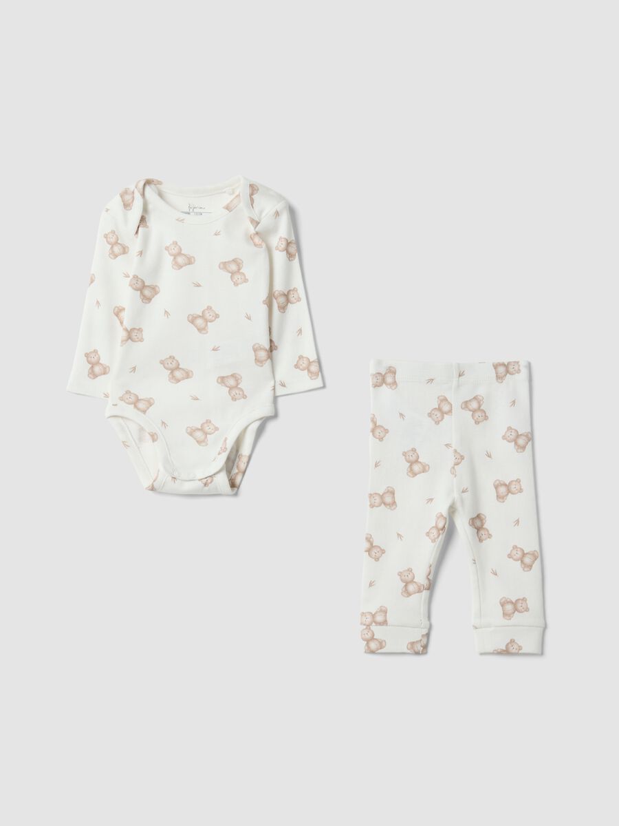 White organic cotton set with printed bodysuit and leggings for babies_0