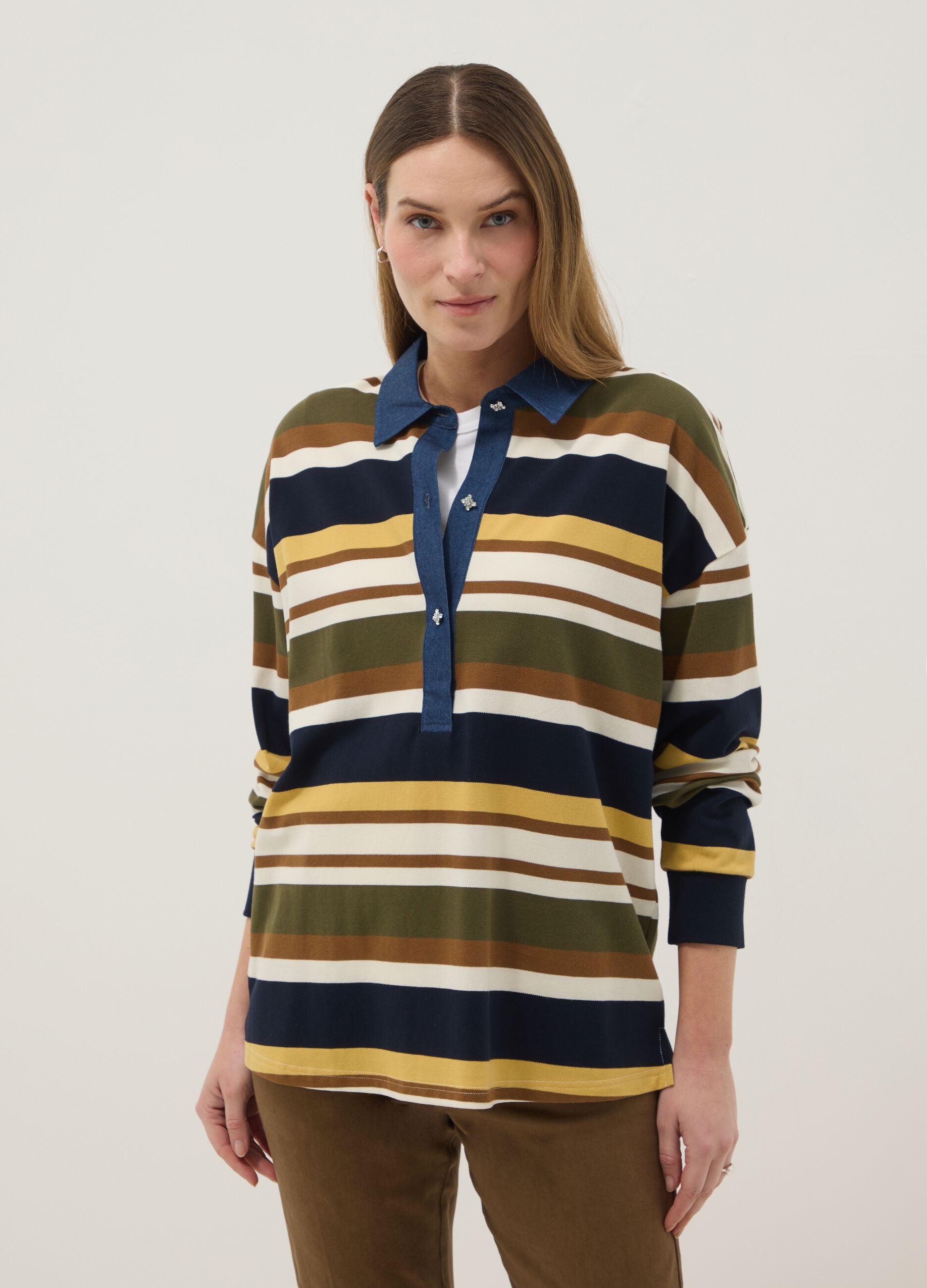 Multicolour maternity long-sleeve polo in stretch cotton